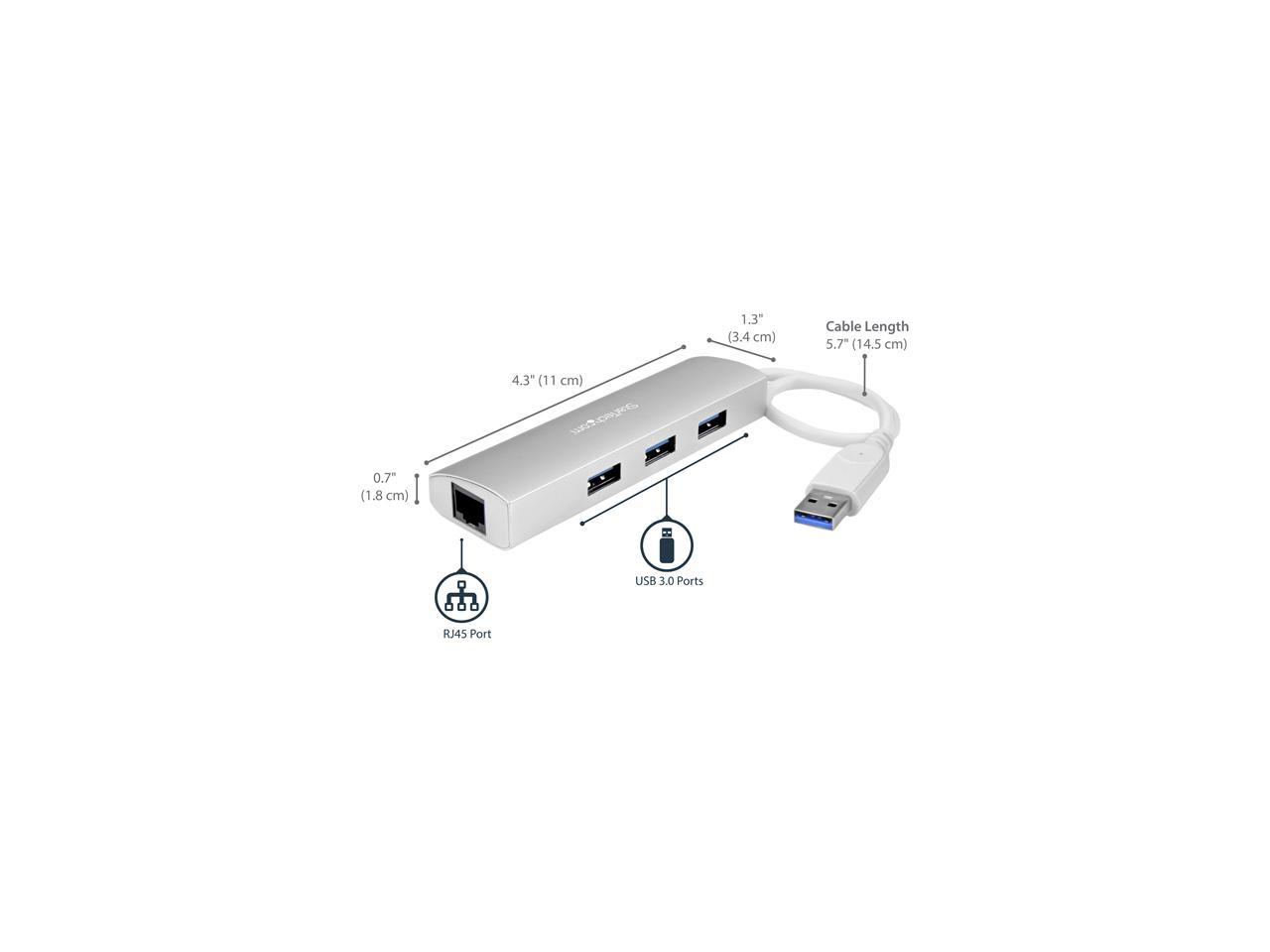 StarTech.com ST3300G3UA 3 Port Portable USB 3.0 Hub plus Gigabit Ethernet - Built-In Cable - Aluminum USB Hub with GbE Adapter - Compact USB 3 Hub 2