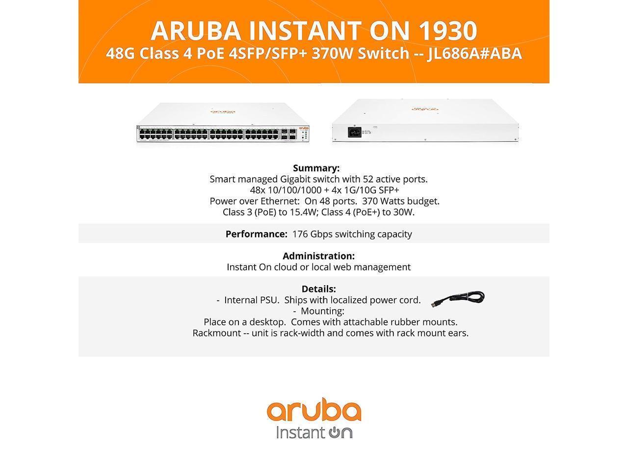 Aruba Instant On 1930 48-Port Gb Ethernet 48xGE PoE (370W), 4X 1G/10G SFP+, L2+ Smart Switch US Cord (JL686B#ABA) 3