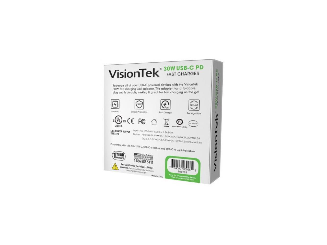 VisionTek USB C 30W Quick Charge Plug - 120 V AC, 230 V AC Input - 3.6 V DC/3 A, 5 V DC, 6.5 V DC, 9 V DC, 12 V DC, 15 V DC, 20 V DC Output 2