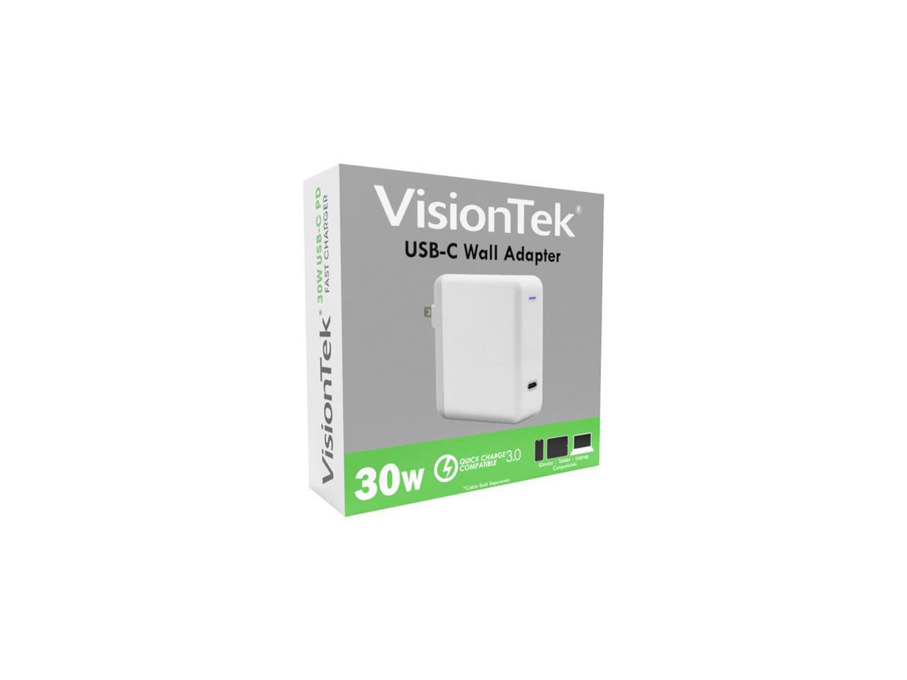 VisionTek USB C 30W Quick Charge Plug - 120 V AC, 230 V AC Input - 3.6 V DC/3 A, 5 V DC, 6.5 V DC, 9 V DC, 12 V DC, 15 V DC, 20 V DC Output 3