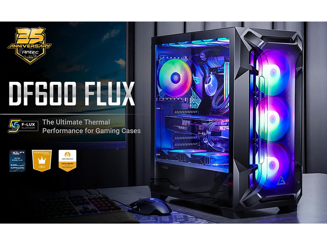 Antec Dark League DF600 FLUX, Mid-Tower ATX Gaming Case, FLUX Platform, 5 x 120mm Fans Included, ARGB & PWM Fan Controller, Tempered Glass Side Panel, 2 x USB3.0, High-End GPU Support 2