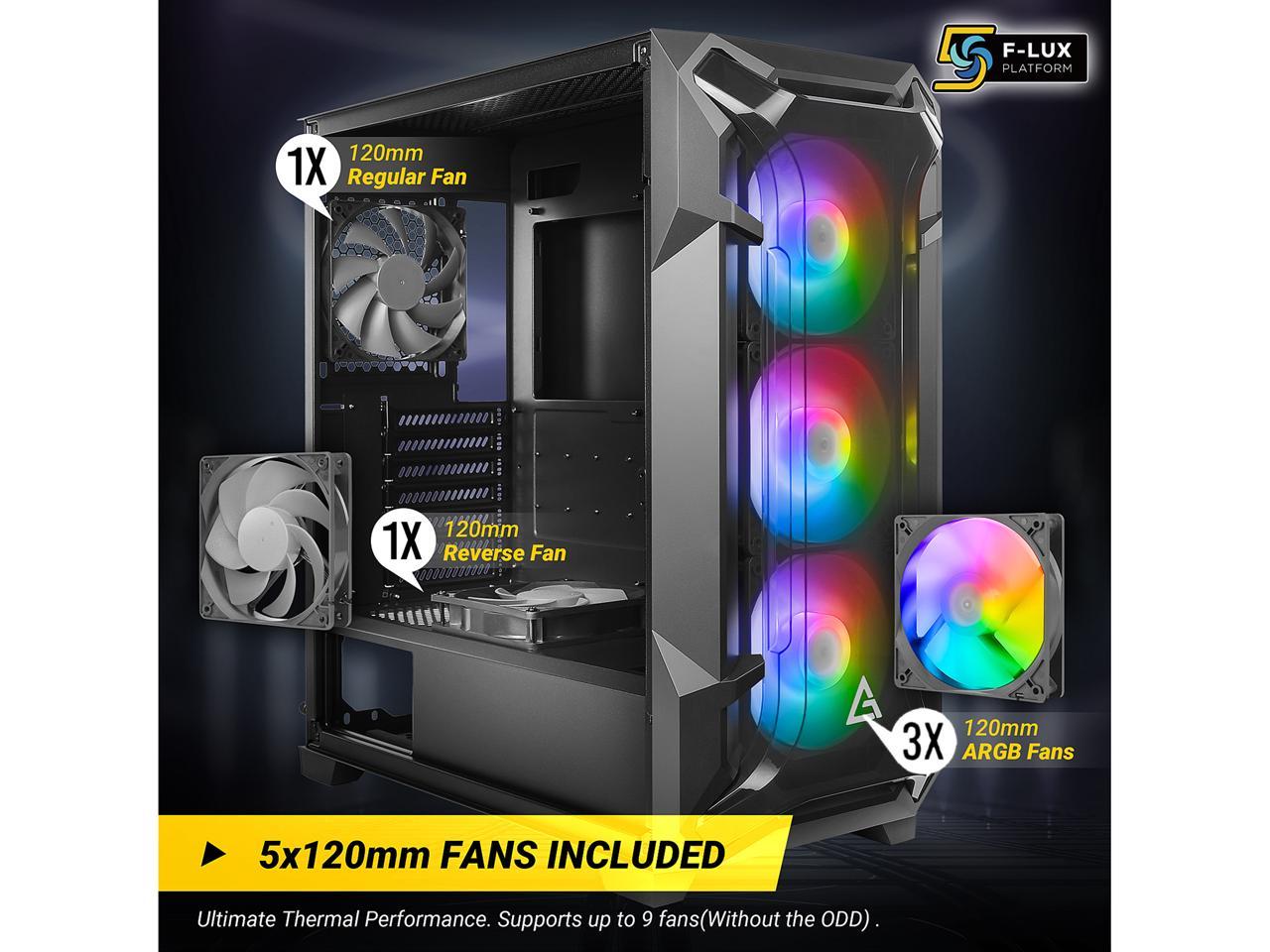 Antec Dark League DF600 FLUX, Mid-Tower ATX Gaming Case, FLUX Platform, 5 x 120mm Fans Included, ARGB & PWM Fan Controller, Tempered Glass Side Panel, 2 x USB3.0, High-End GPU Support 4