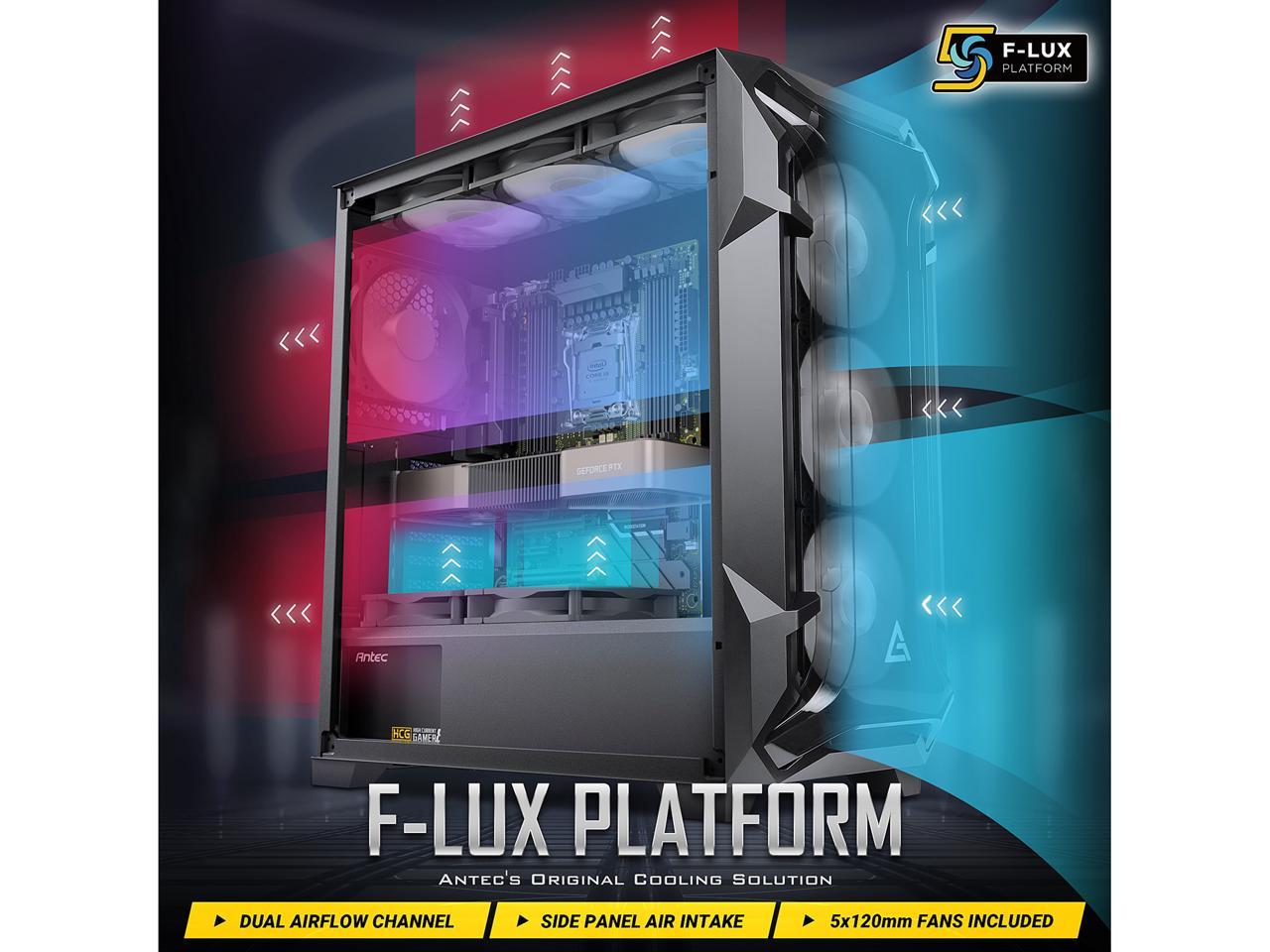 Antec Dark League DF600 FLUX, Mid-Tower ATX Gaming Case, FLUX Platform, 5 x 120mm Fans Included, ARGB & PWM Fan Controller, Tempered Glass Side Panel, 2 x USB3.0, High-End GPU Support 5