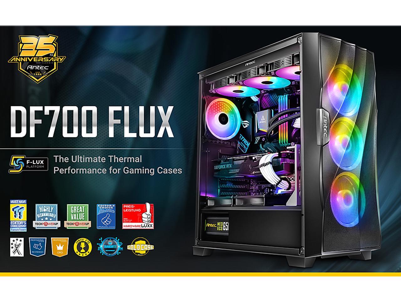 Antec Dark League DF700 FLUX, Mid Tower ATX Gaming Case, FLUX Platform, 5 x 120mm Fans Included, ARGB & PWM Fan Controller, Tempered Glass Side Panel, Three-Dimensional Wave-Shaped Mesh Front 2