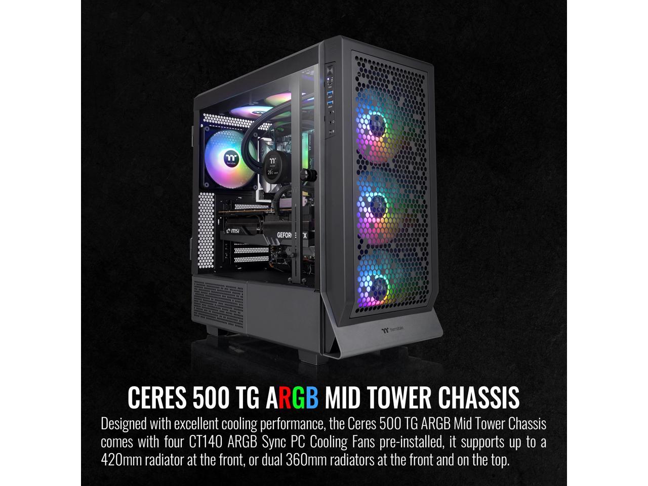 Thermaltake Ceres 500 Black Mid Tower E-ATX Computer Case with Tempered Glass Side Panel; 4 Preinstalled 140mm PWM ARGB Fans; Rotational PCIe Slots & GPU Holder; CA-1X5-00M1WN-00 2