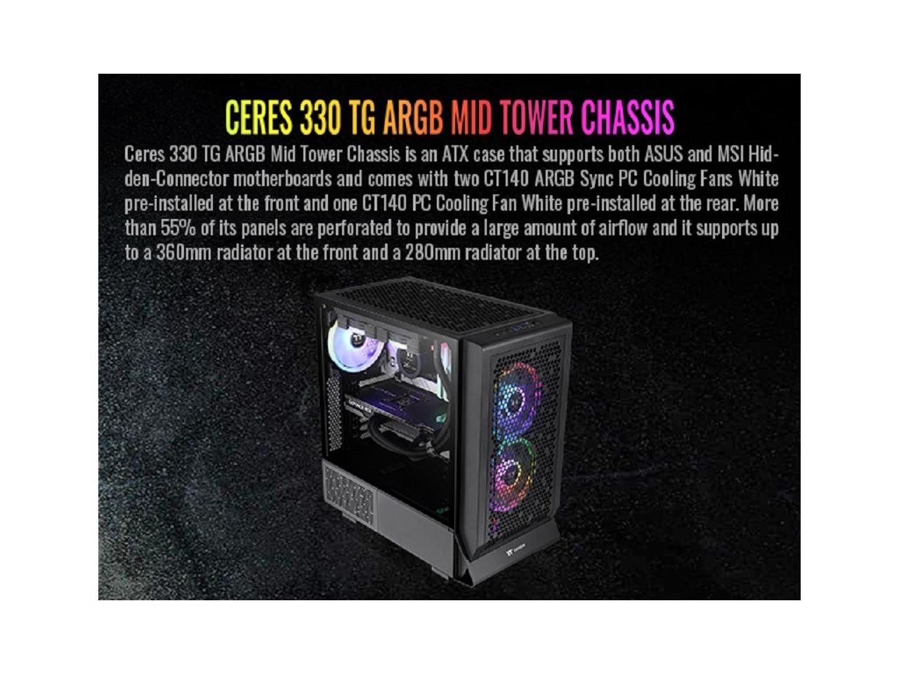 Thermaltake Ceres 330 TG ARGB Black Mid Tower E-ATX Case Supports Hidden-Connector Motherboard; Preinstalled 2 x CT140 ARGB Fans; Rotational PCIe Slots; CA-1Y2-00M1WN-01; 3 Year Warranty 2