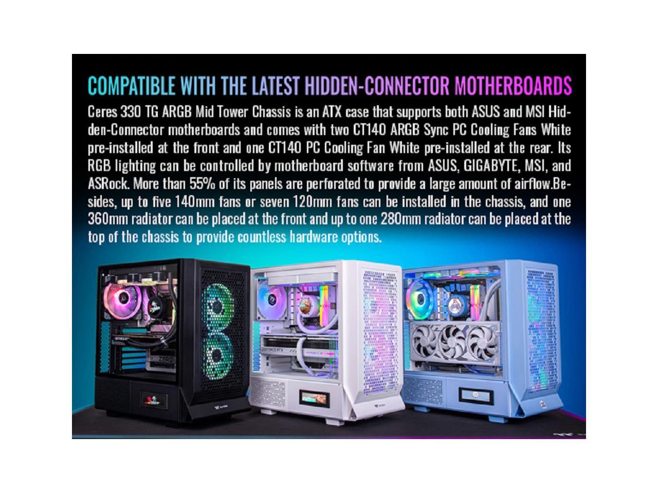 Thermaltake Ceres 330 TG ARGB Black Mid Tower E-ATX Case Supports Hidden-Connector Motherboard; Preinstalled 2 x CT140 ARGB Fans; Rotational PCIe Slots; CA-1Y2-00M1WN-01; 3 Year Warranty 3