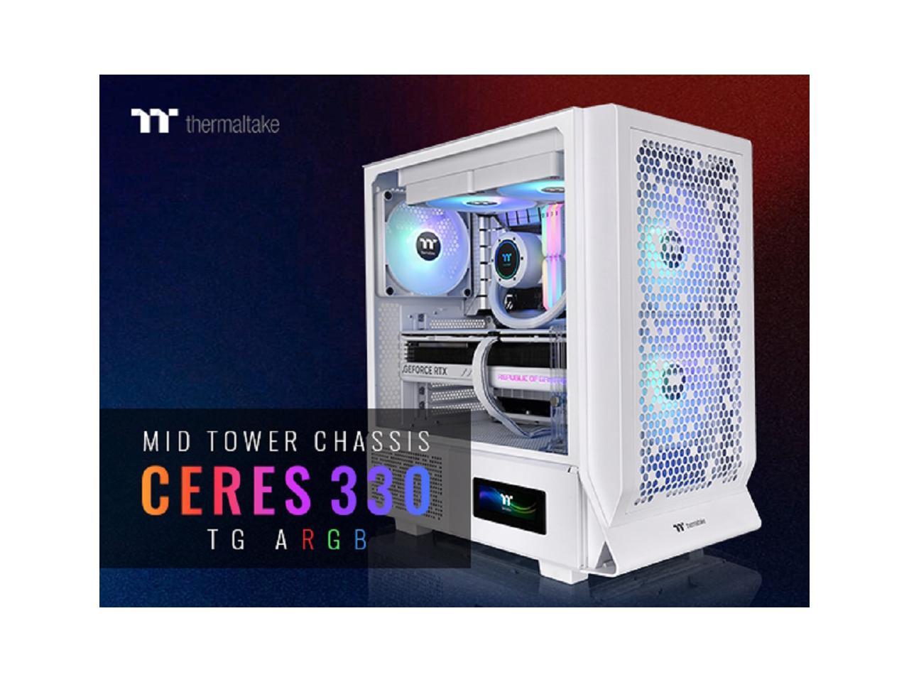 Thermaltake Ceres 330 TG ARGB Snow Mid Tower E-ATX Case Supports Hidden-Connector Motherboard; Preinstalled 2 x CT140 ARGB Fans; Rotational PCIe Slots; CA-1Y2-00M6WN-01; 3 Year Warranty 1