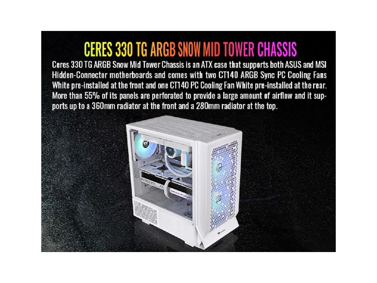 Thermaltake Ceres 330 TG ARGB Snow Mid Tower E-ATX Case Supports Hidden-Connector Motherboard; Preinstalled 2 x CT140 ARGB Fans; Rotational PCIe Slots; CA-1Y2-00M6WN-01; 3 Year Warranty 2