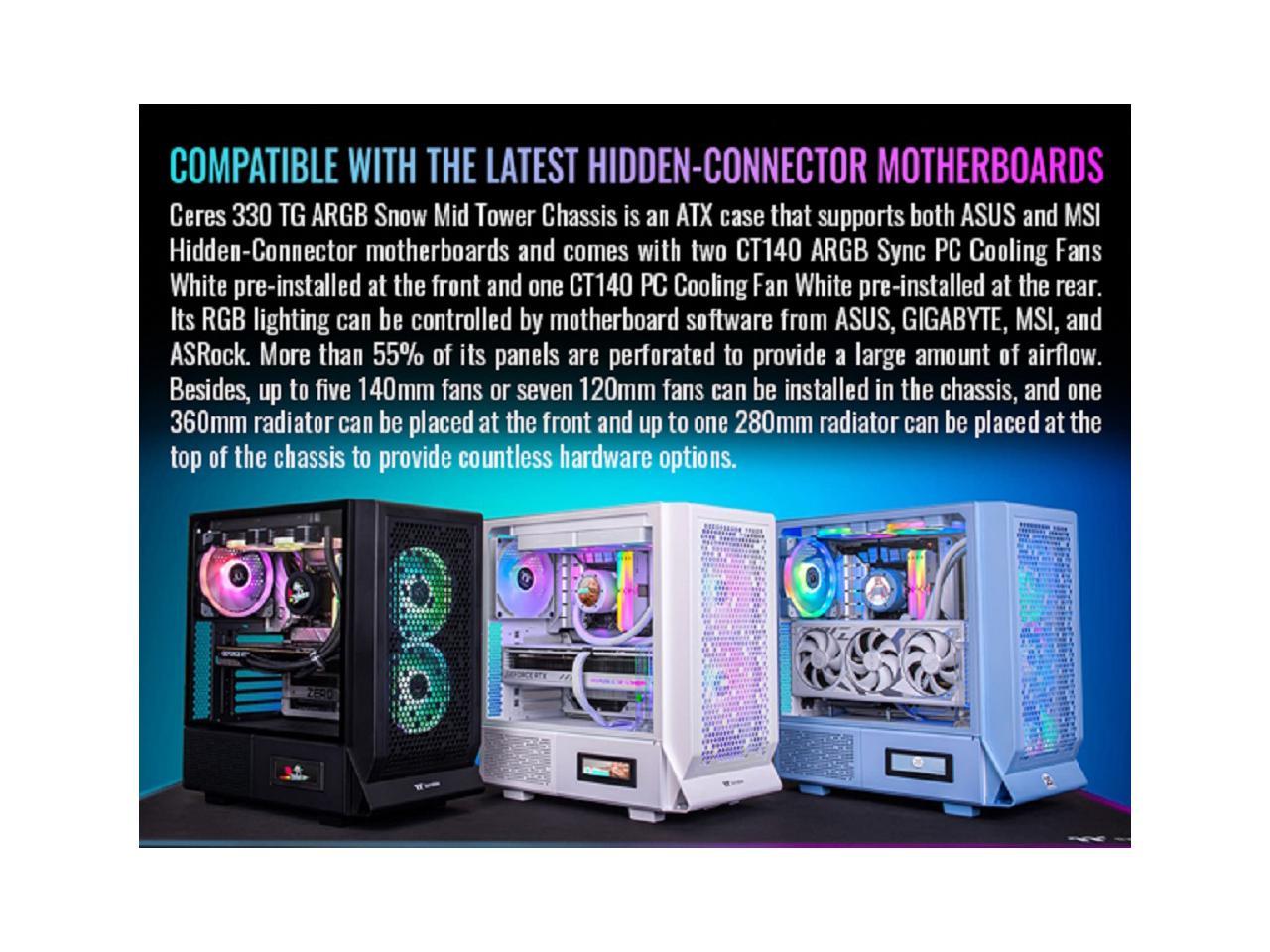 Thermaltake Ceres 330 TG ARGB Snow Mid Tower E-ATX Case Supports Hidden-Connector Motherboard; Preinstalled 2 x CT140 ARGB Fans; Rotational PCIe Slots; CA-1Y2-00M6WN-01; 3 Year Warranty 3