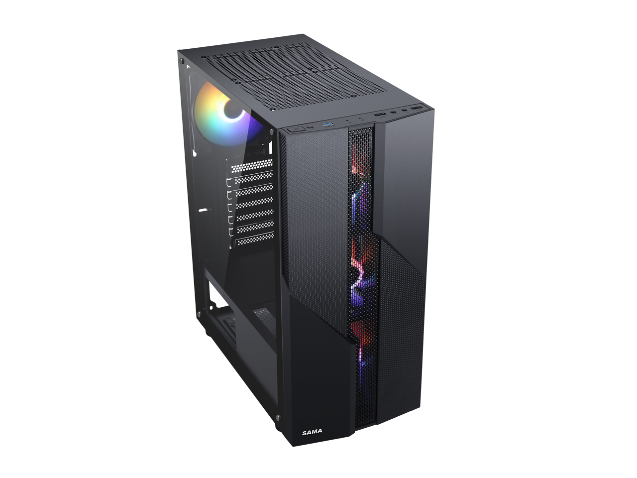 SAMA Sama-M2-TG Black USB3.0 Steel/ Tempered Glass ATX Mid Tower Gaming Computer Case w/Tempered Glass Panel and 4 x 120mm Autoflow Rainbow LED Fans (Pre-Installed) 1