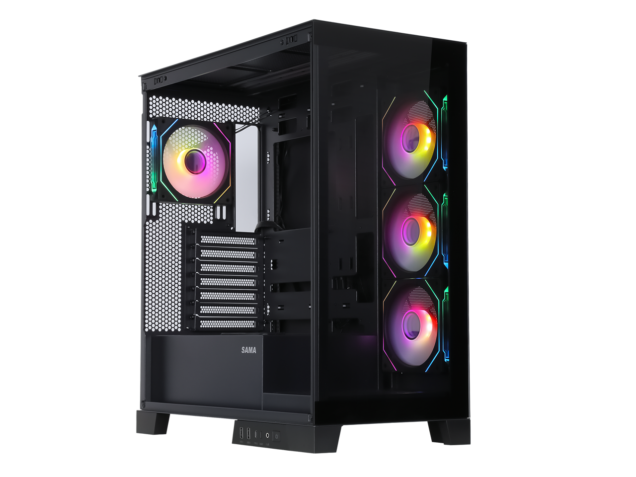 Sama Neview 2351 Black Dual USB3.0 and Type C Tempered Glass ATX Mid Tower Gaming Computer Case w/ 4 x 120mm ARGB Fans (3 x MB Side, 1 x Rear) Pre-Installed 1