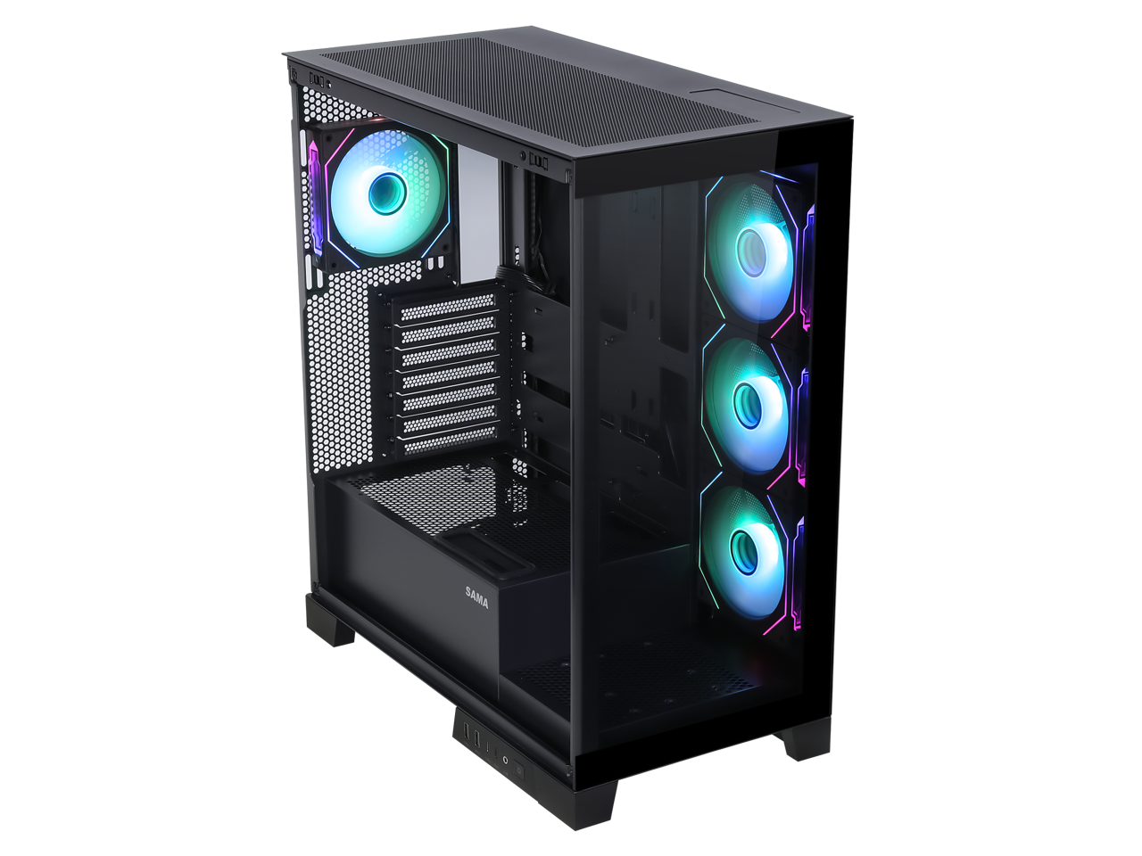 Sama Neview 2351 Black Dual USB3.0 and Type C Tempered Glass ATX Mid Tower Gaming Computer Case w/ 4 x 120mm ARGB Fans (3 x MB Side, 1 x Rear) Pre-Installed 2