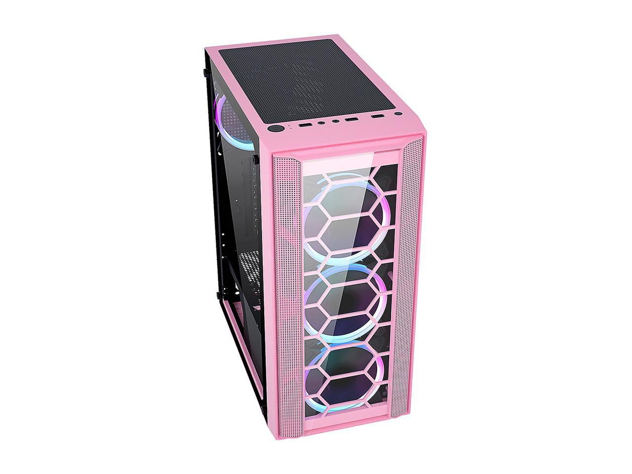 DIYPC Rainbow-Flash-F4-P Pink USB 3.0 Steel / Tempered Glass ATX Mid Tower Computer Case, 4 x 120mm Autoflow Rainbow LED Fans (Pre-Installed) 5