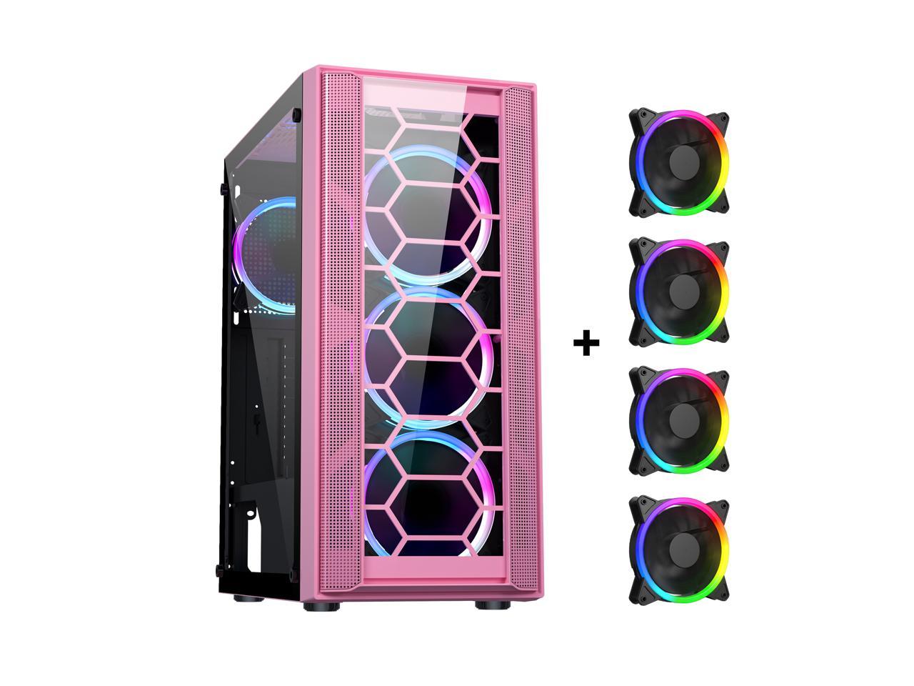 DIYPC Rainbow-Flash-F4-P Pink USB 3.0 Steel / Tempered Glass ATX Mid Tower Computer Case, 4 x 120mm Autoflow Rainbow LED Fans (Pre-Installed) 1