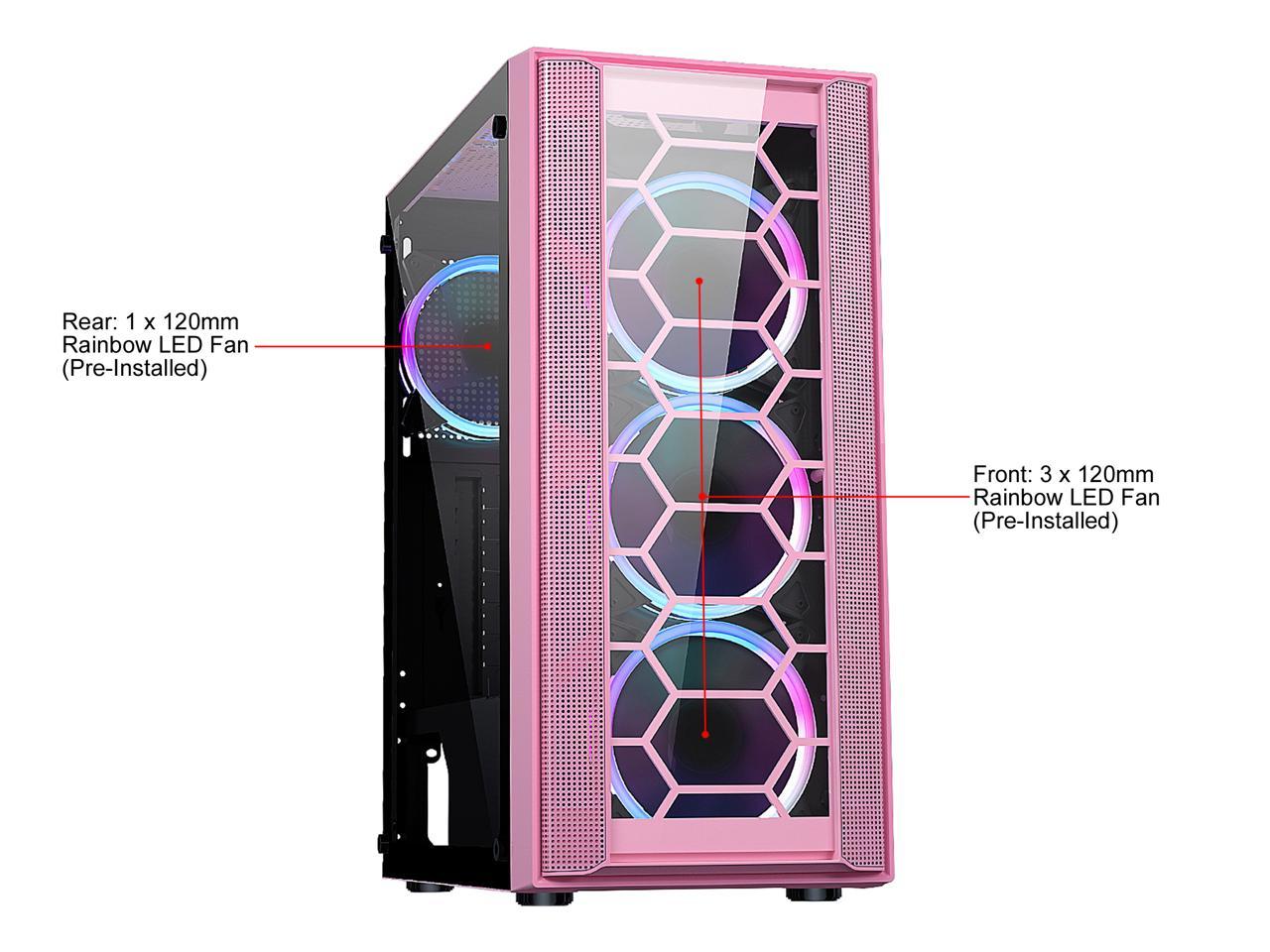 DIYPC Rainbow-Flash-F4-P Pink USB 3.0 Steel / Tempered Glass ATX Mid Tower Computer Case, 4 x 120mm Autoflow Rainbow LED Fans (Pre-Installed) 2