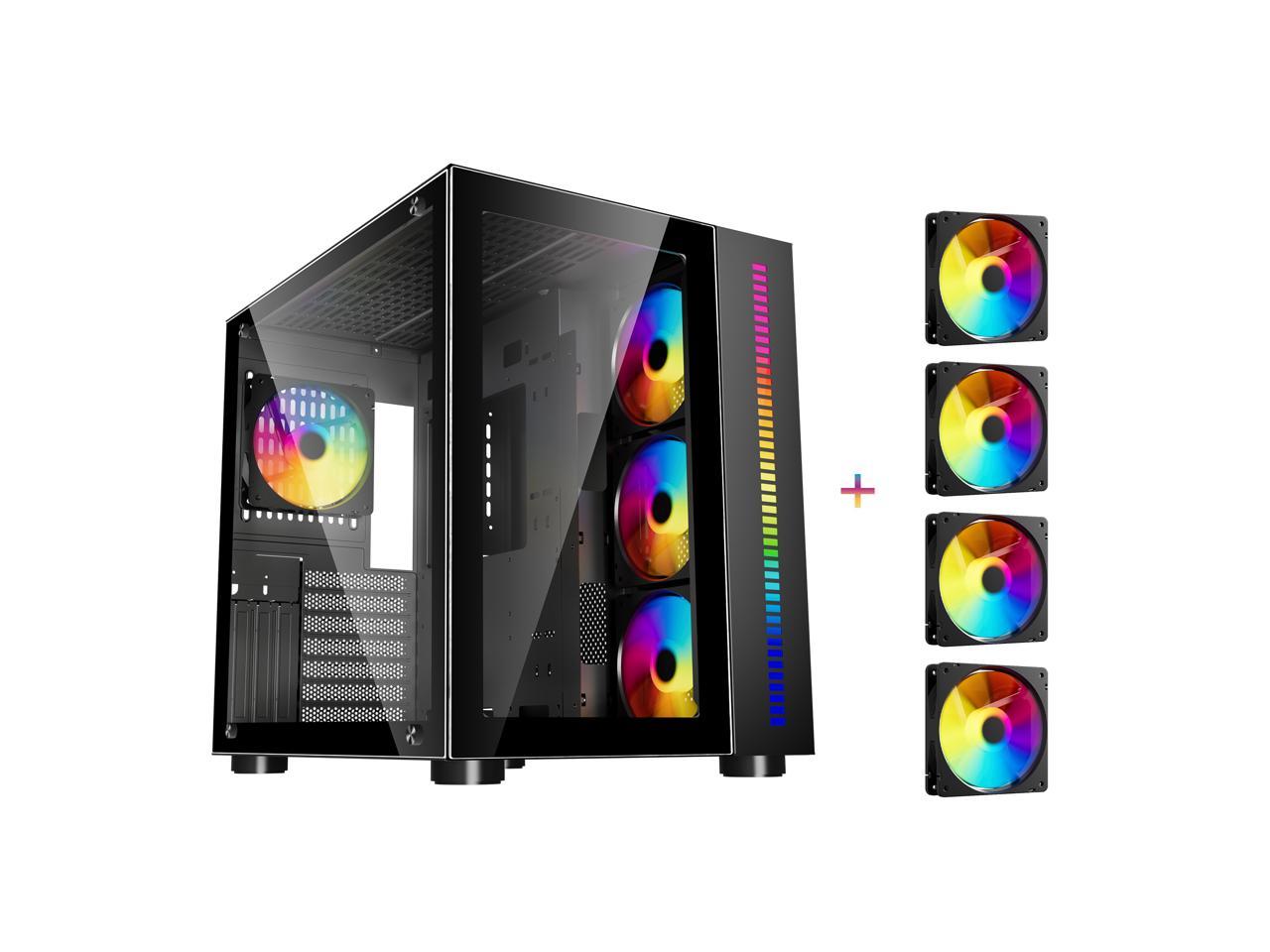 DIYPC ARGB-Q10-BK Black USB3.0 ATX Mid Tower Gaming Computer Case w/ Dual Tempered Glass Panel and 4 x ARGB 120mm Fans (Pre-Installed) 1