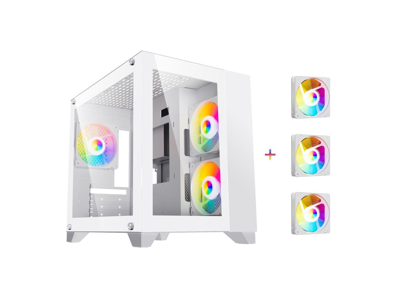 DIYPC ARGB-Q3.v2-W White USB3.0 Tempered Glass Micro ATX Gaming Computer Case w/ Dual Tempered Glass Panel and 3 x ARGB LED Fans (Pre-Installed) 1