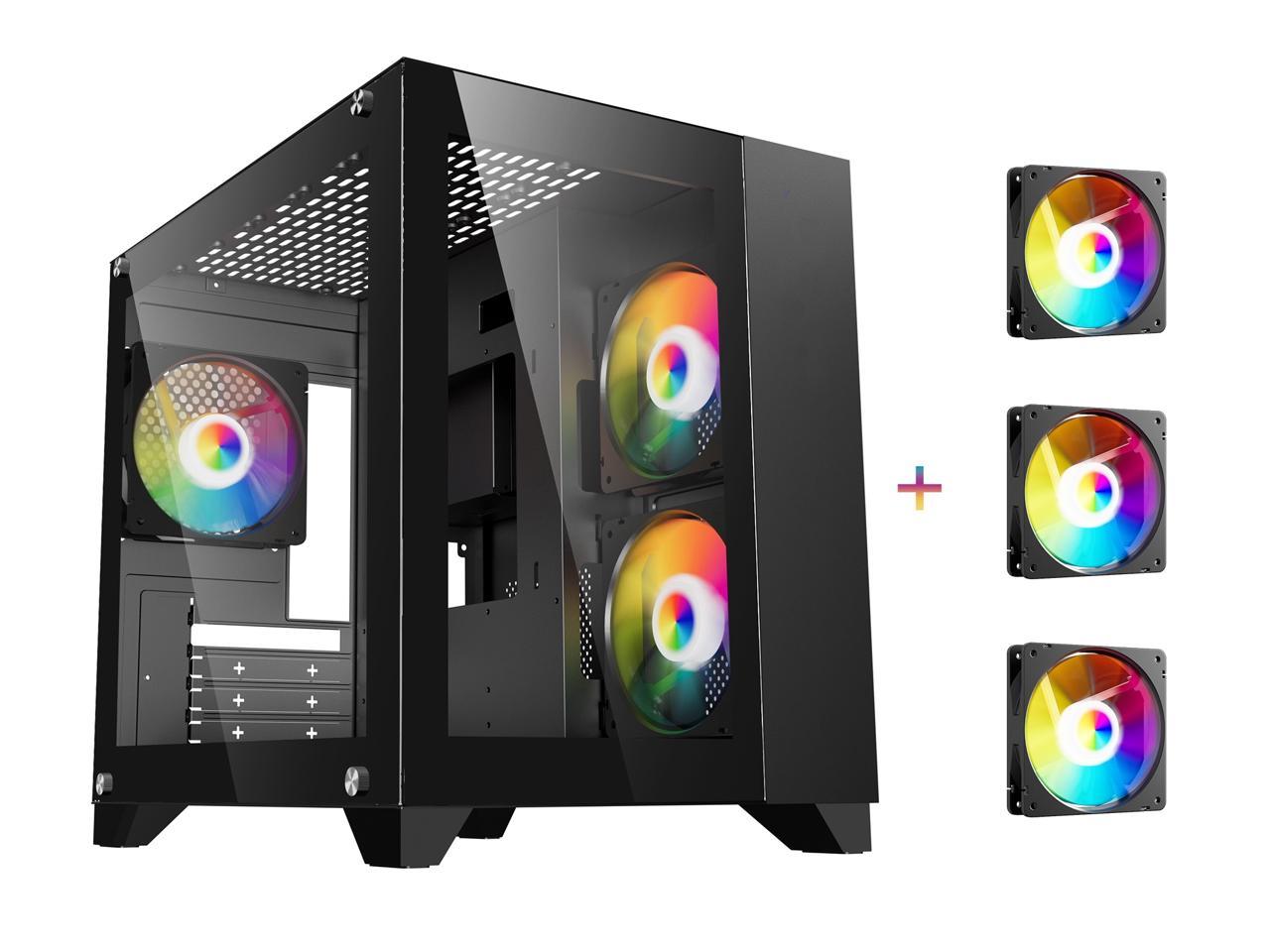 DIYPC ARGB-Q3.v2-BK Black USB3.0 Tempered Glass Micro ATX Gaming Computer Case w/ Dual Tempered Glass Panel and 3 x ARGB Fans (Pre-Installed) 1