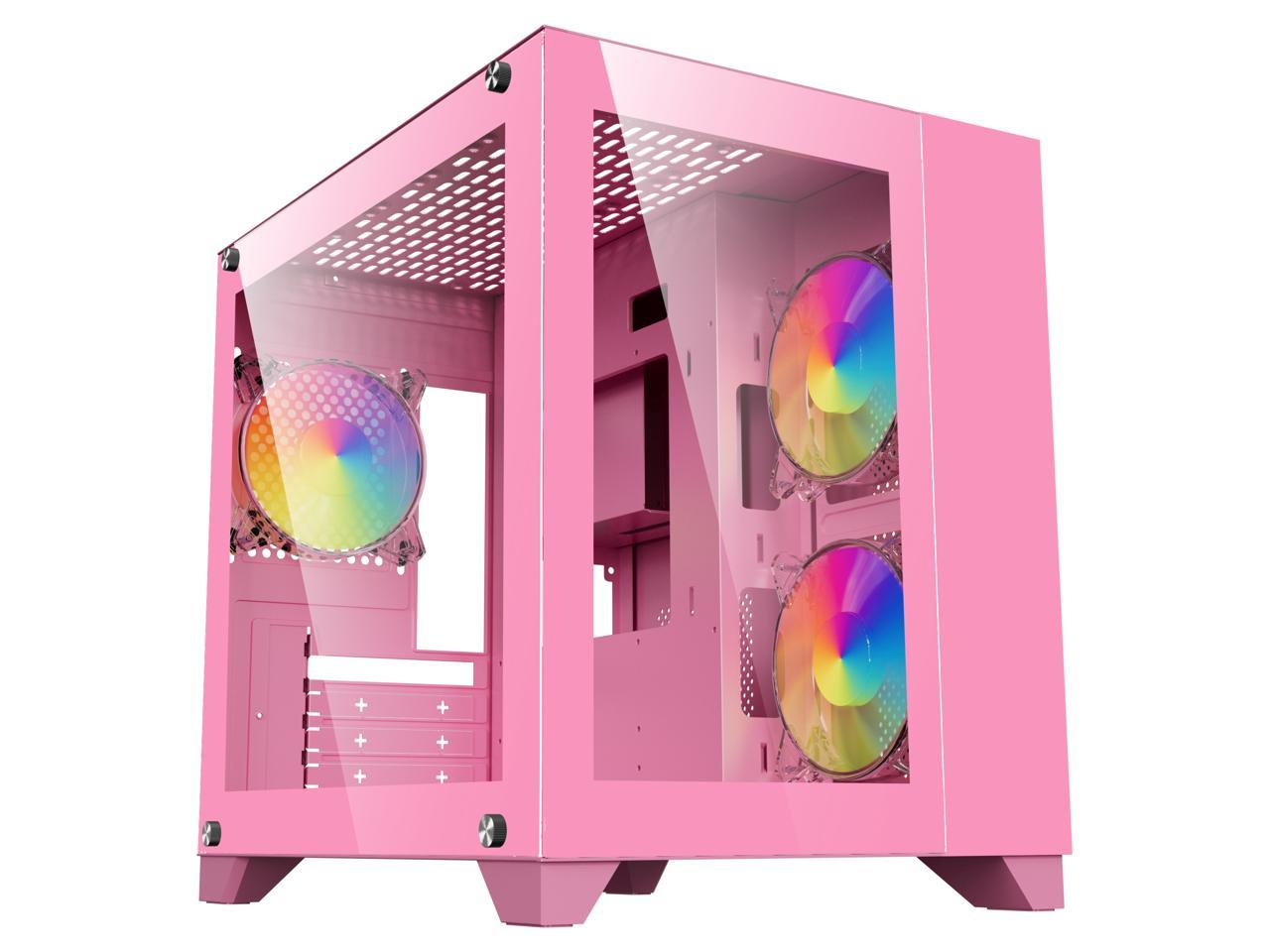 DIYPC ARGB-Q3.v2-Pink Pink USB3.0 Tempered Glass Micro ATX Gaming Computer Case w/ Dual Tempered Glass Panel and 3 x ARGB Fans (Pre-Installed) 2