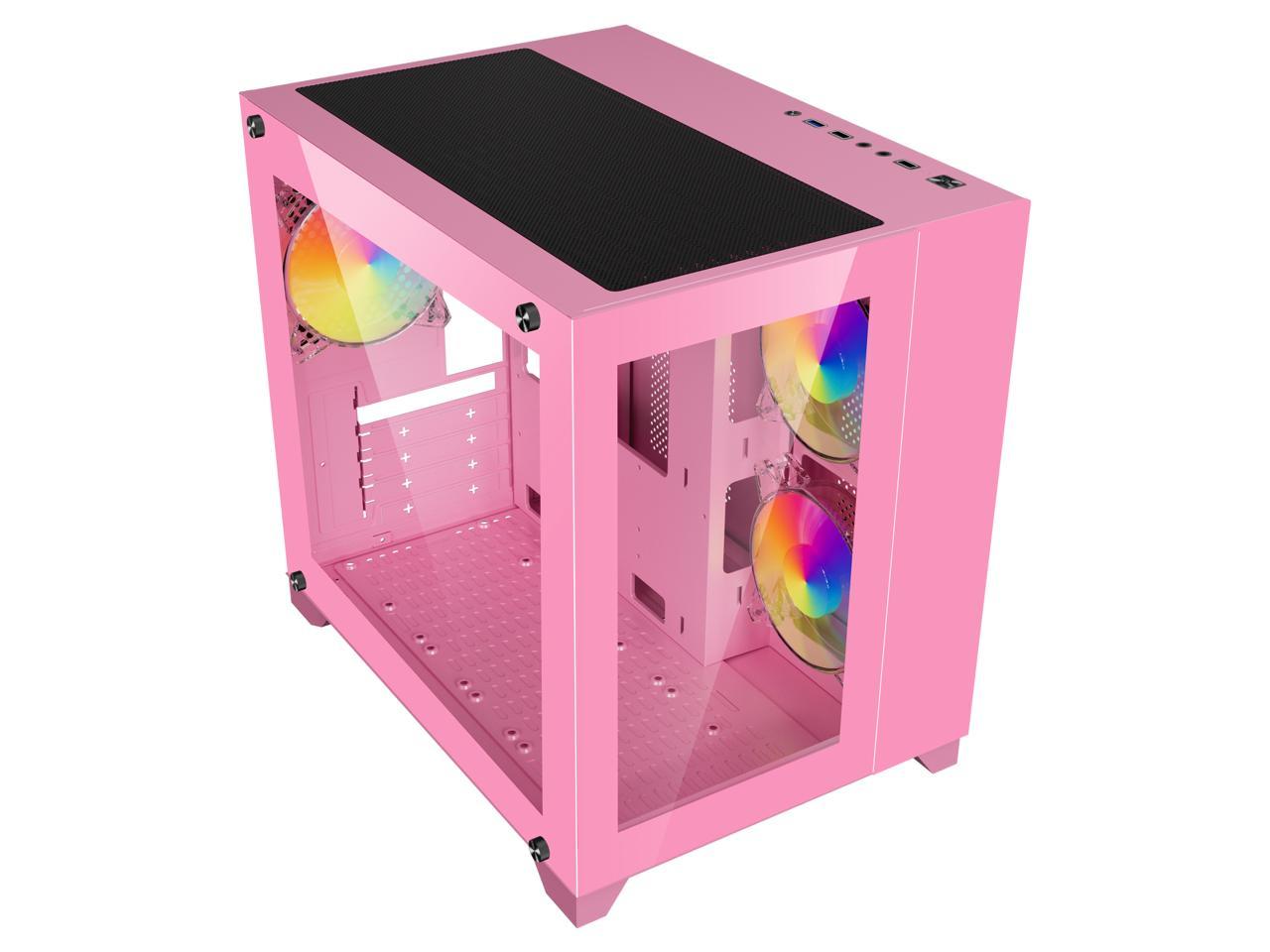 DIYPC ARGB-Q3.v2-Pink Pink USB3.0 Tempered Glass Micro ATX Gaming Computer Case w/ Dual Tempered Glass Panel and 3 x ARGB Fans (Pre-Installed) 4