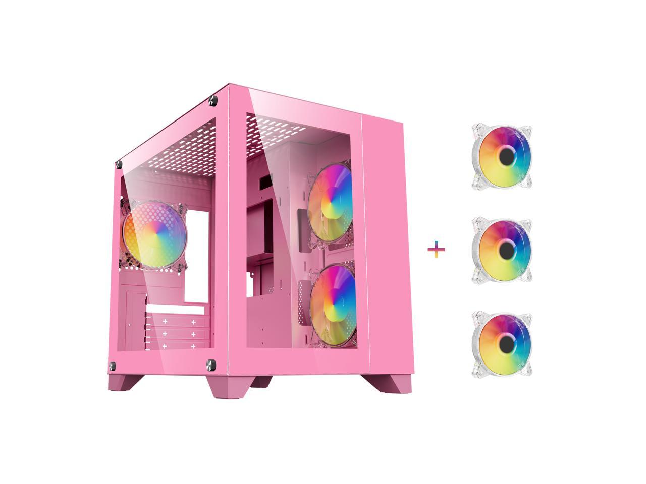 DIYPC ARGB-Q3.v2-Pink Pink USB3.0 Tempered Glass Micro ATX Gaming Computer Case w/ Dual Tempered Glass Panel and 3 x ARGB Fans (Pre-Installed) 1