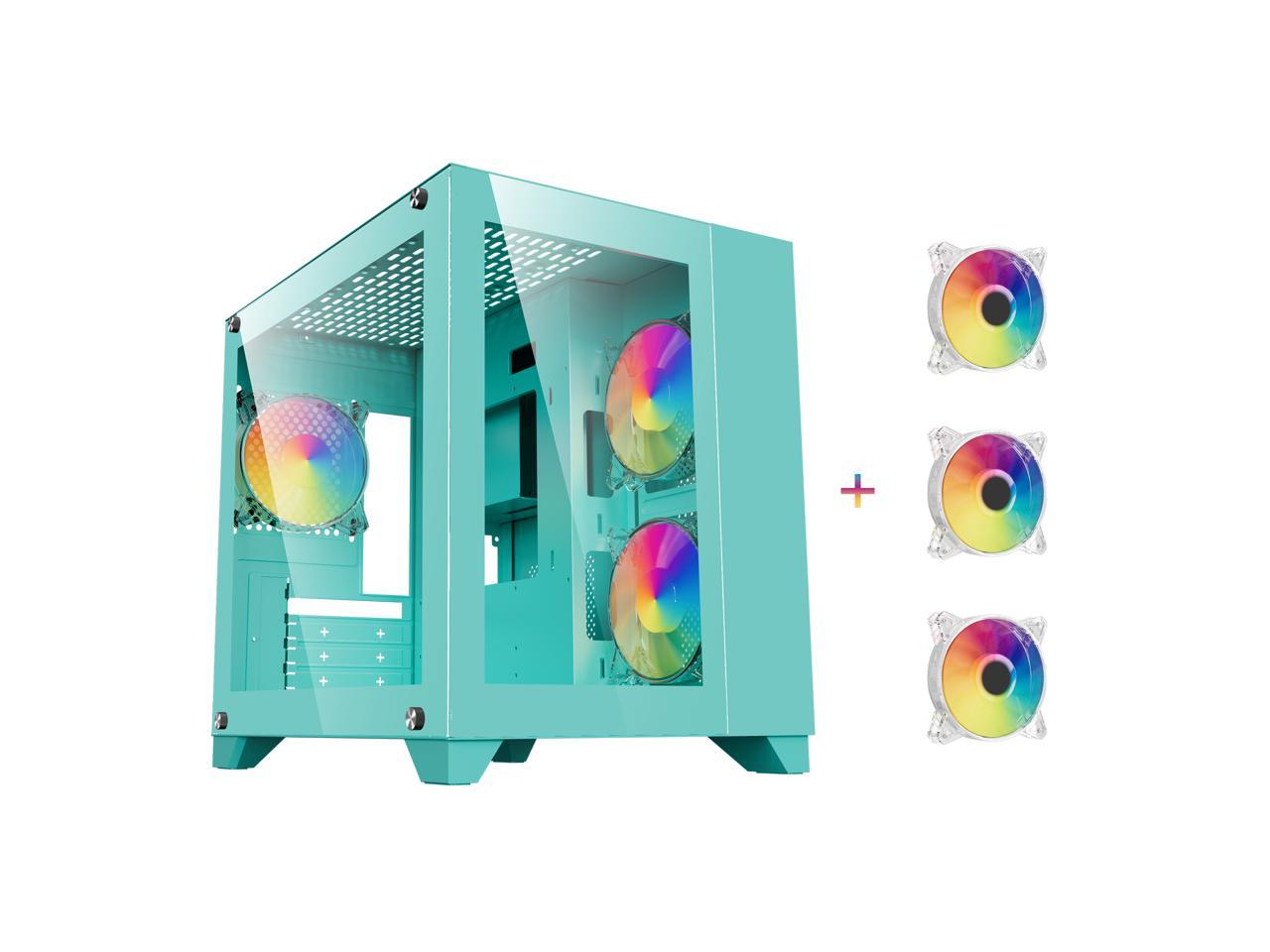 DIYPC ARGB-Q3.v2-Green USB3.0 Tempered Glass Micro ATX Green Gaming Computer Case w/ Dual Tempered Glass Panel and 3 x ARGB Fans (Pre-Installed) 1