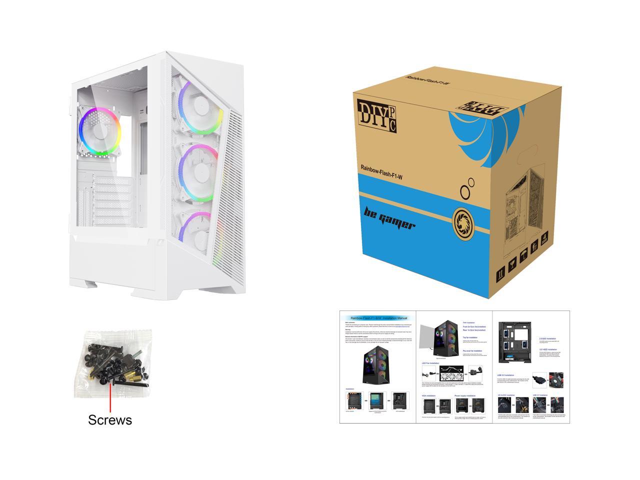 DIYPC Rainbow-Flash-F1-W White USB 3.0 Steel / Tempered Glass ATX Mid Tower Computer Case, 4 x 120mm Autoflow Rainbow LED Fans (Pre-Installed) 5