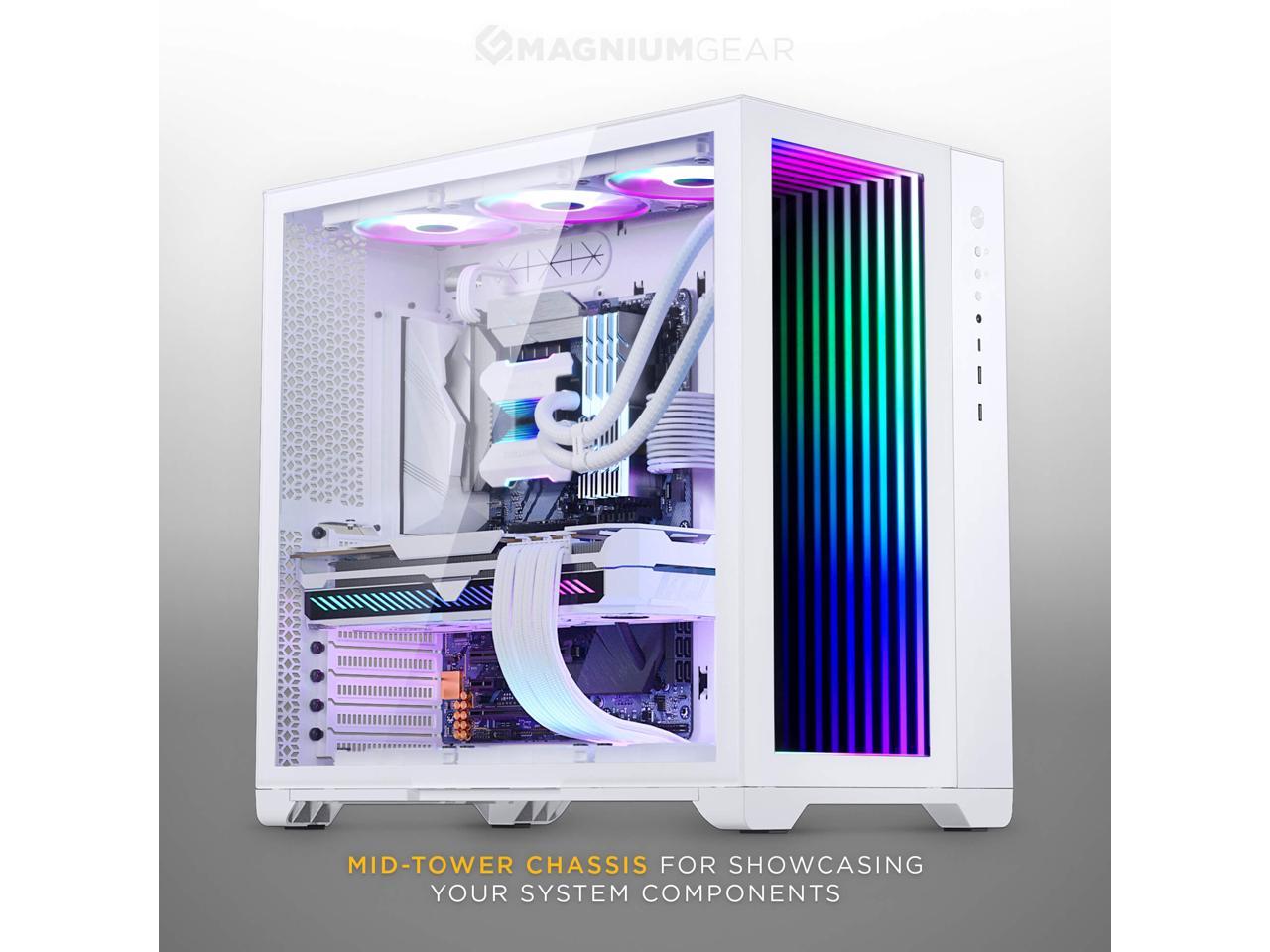 MagniumGear NEO Qube 2 IM, Dual Chamber ATX Mid-tower, Digital-RGB Infinity Mirror Front Panel, Front I/O USB Type C, Tempered Glass Panels, White 2