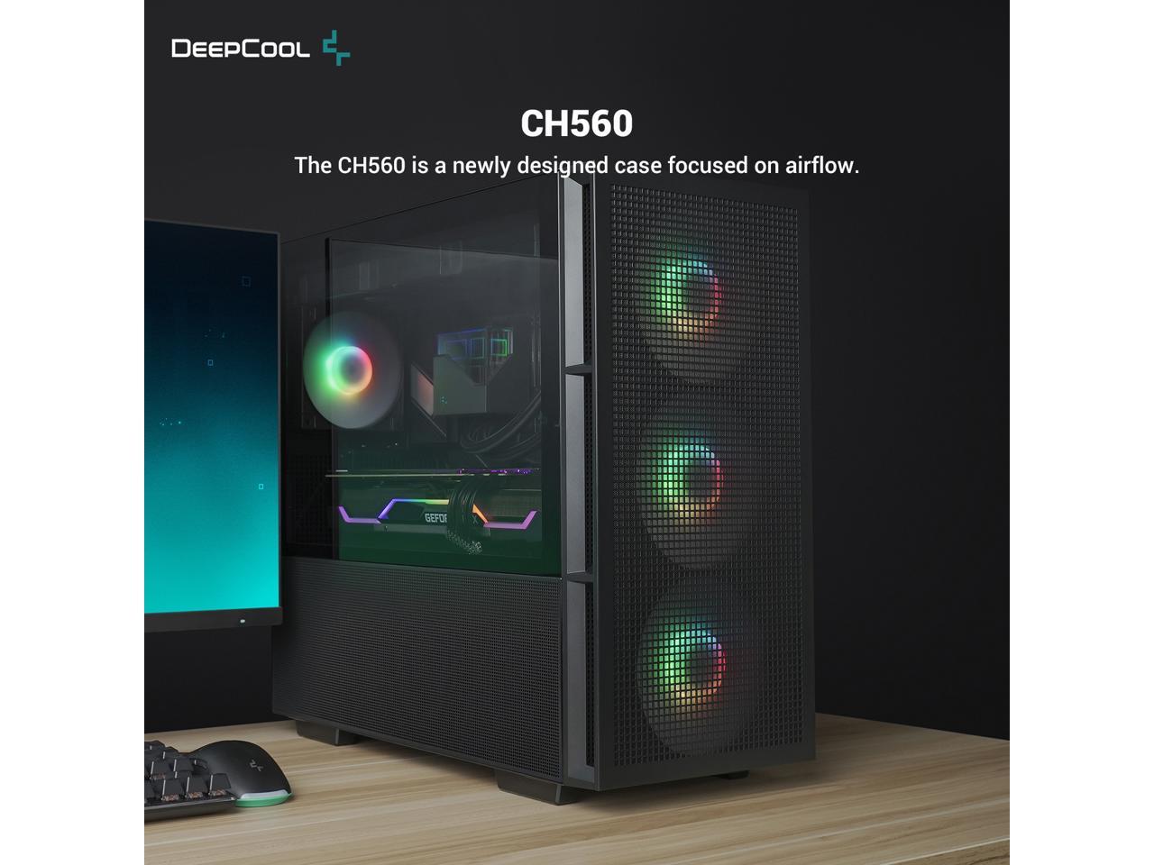 DeepCool CH560 ATX Airflow case, 3x Pre-Installed 140mm ARGB Fans, Hybrid Mesh/Tempered Glass Side Panel, Magnetic Top Mesh Filter, Type-C, USB 3.0, Black 2