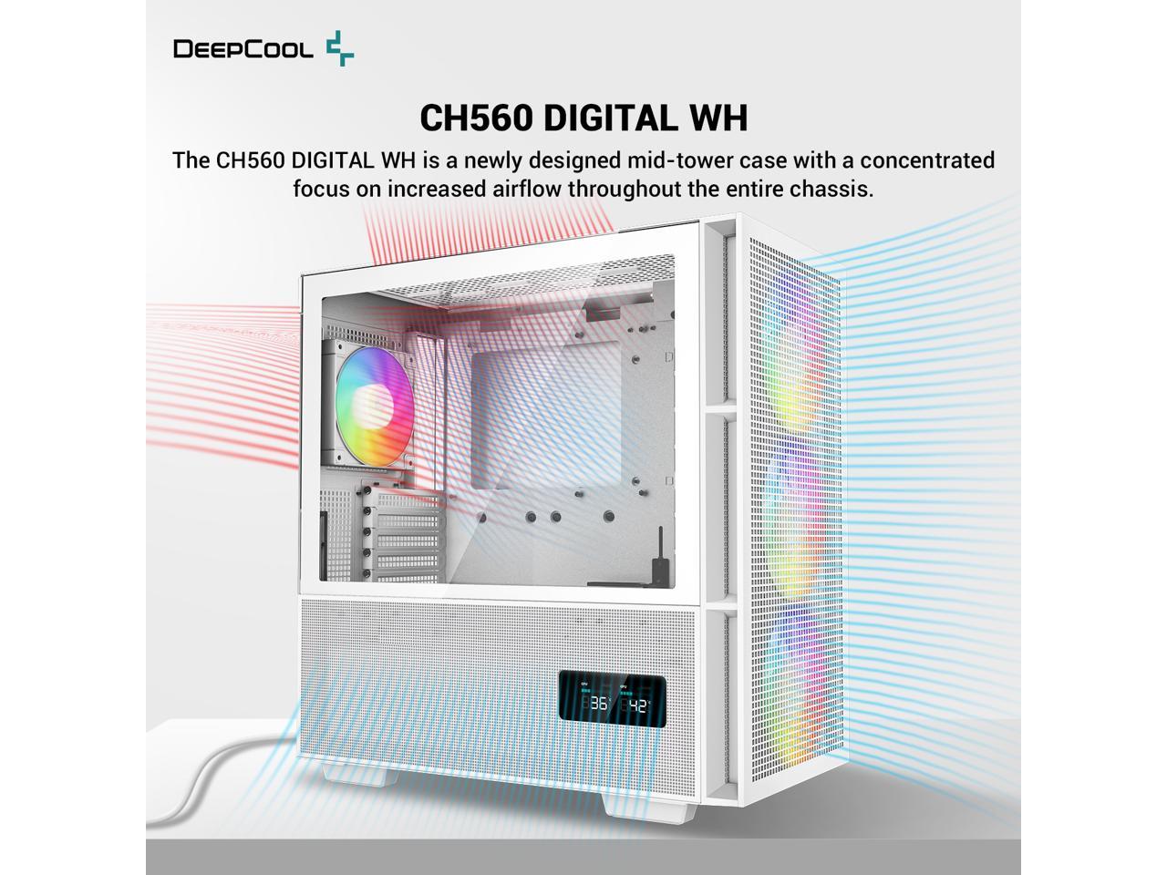 DeepCool CH560 DIGITAL WH ATX Airflow case, Dual Status Display, 3x Pre-Installed 140mm ARGB Fans, Hybrid Mesh/Tempered Glass Side Panel, Magnetic Top Mesh Filter, Type-C, USB 3.0, White 2