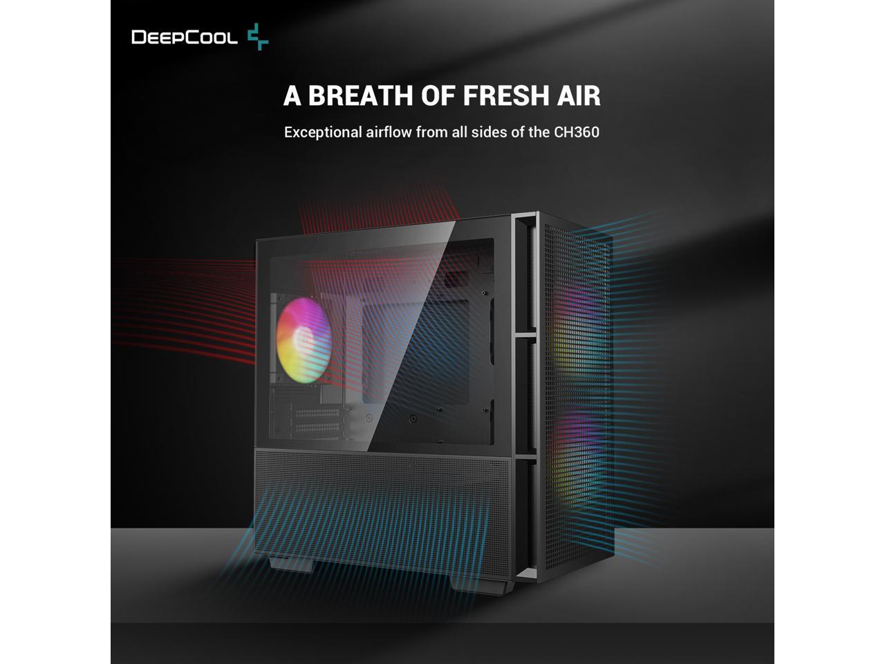 DeepCool CH360 mATX Airflow case, 2x Pre-Installed 140mm ARGB Fans, 120mm ARGB rear fan, Hybrid Mesh/Tempered Glass Side Panel, Magnetic Mesh Filter, Type-C, USB 3.0, Black 2