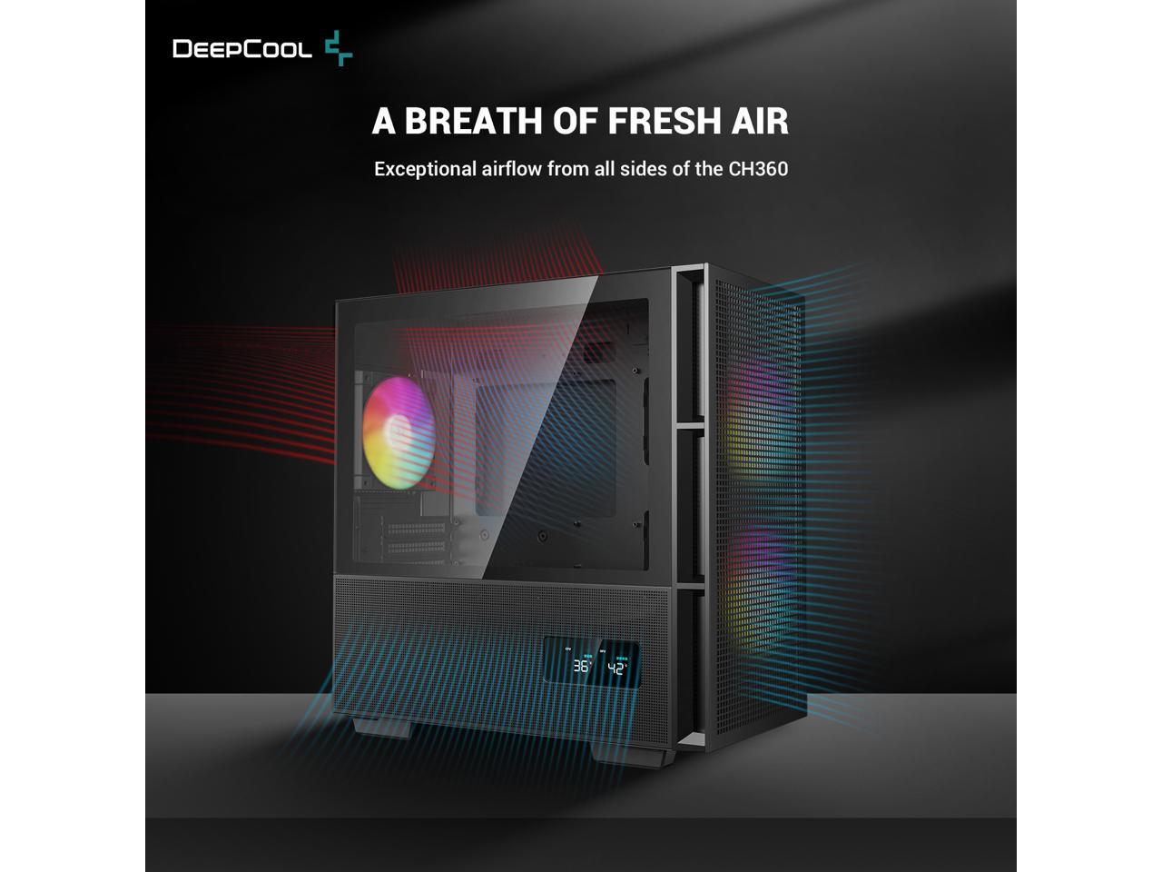 DeepCool CH360 DIGITAL mATX Airflow case, Dual Status Display, 2x Pre-Installed 140mm ARGB Fans,120mm ARGB rear fan, Hybrid Mesh/Tempered Glass Side Panel, Magnetic Mesh Filter, Type-C, USB 3.0, Black 2