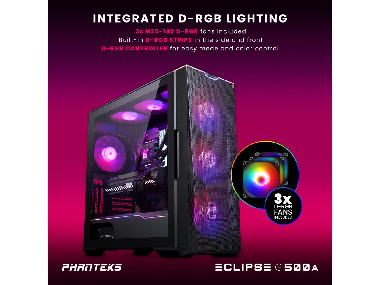 Phanteks Eclipse G500A DRGB, High Performance Mid-Tower Case, Mesh Front Panel, Integrated D/A-RGB Lighting, Tempered Glass Window, 3x M25-140 D-RGB Fans, Black 2