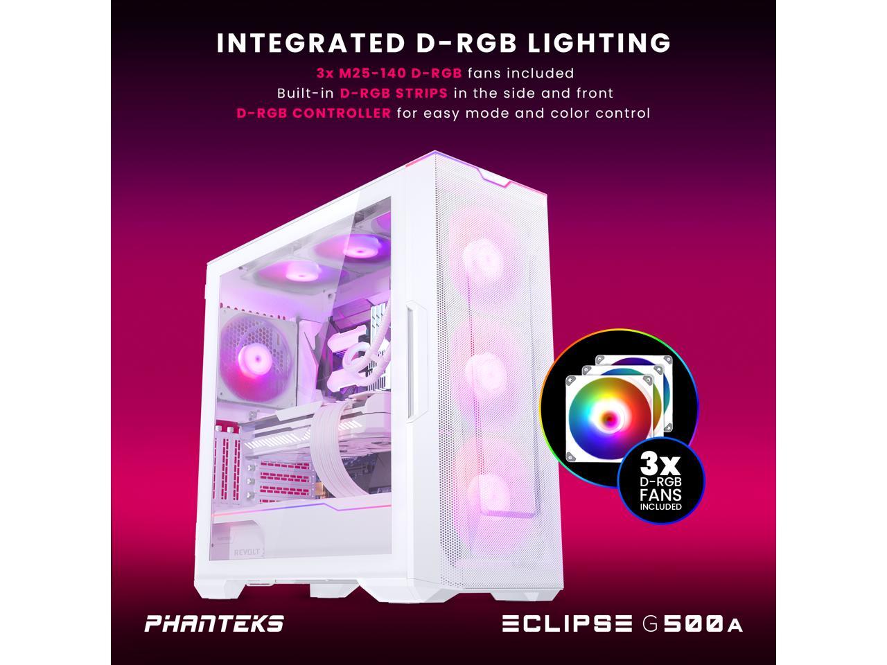 Phanteks Eclipse G500A DRGB, High Performance Mid-Tower Case, Mesh Front Panel, Integrated D/A-RGB Lighting, Tempered Glass Window, 3x M25-140 D-RGB Fans, Matte White 2