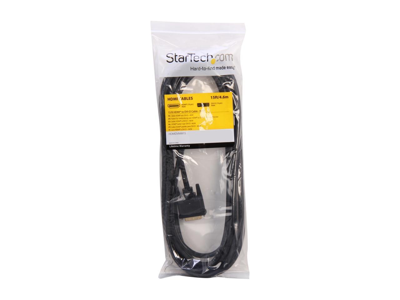 StarTech HDMIDVIMM15 15 ft. Black Connector A: 1 - 19 pin HDMI Male Connector B: 1 - 19 pin DVI-D (Single Link) Male HDMI to DVI Digital Video Monitor Cable Male to Male 3