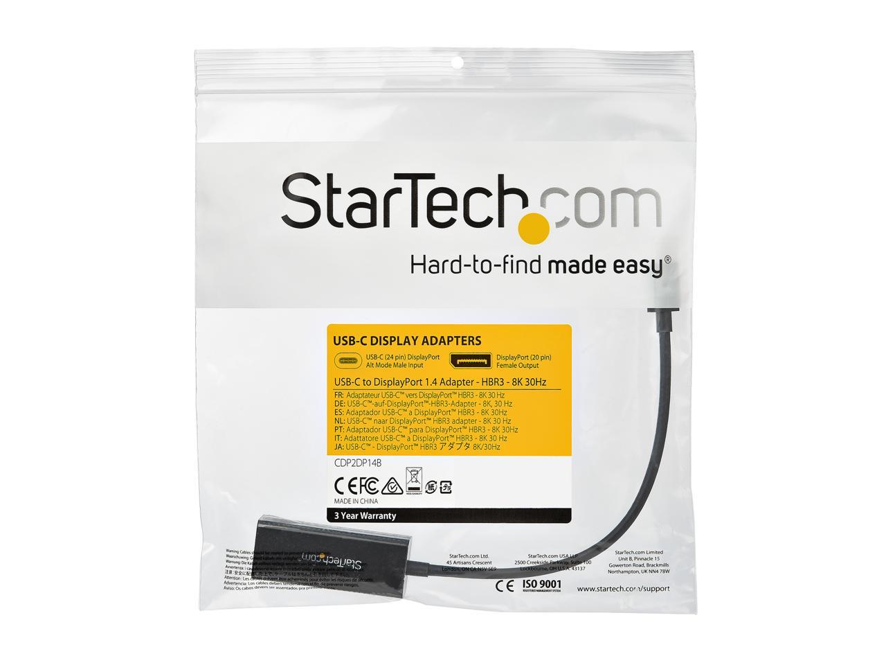 StarTech.com CDP2DP14B USB C to DisplayPort Adapter - 8K 60Hz - HBR3 Adapter - Thunderbolt 3 - Video Dongle for DP 1.4 Monitor & Display 4