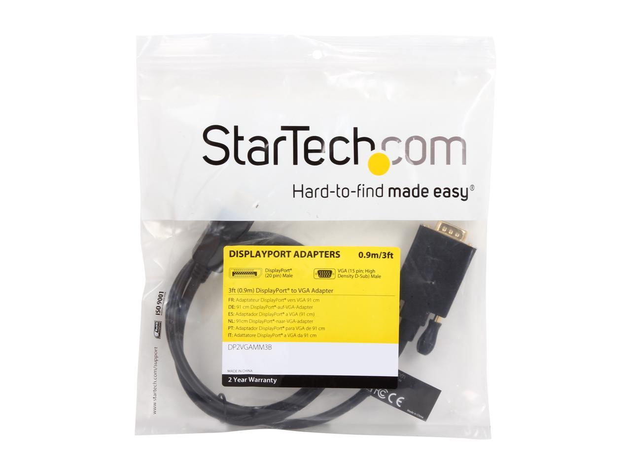 StarTech.com DP2VGAMM3B 3 ft. Black DisplayPort (20 pin) Latching to  VGA (15 pin; High Density D-Sub) Black DisplayPort to VGA Adapter Converter Cable - DP to VGA 1920 x 1200 Male to Male 3