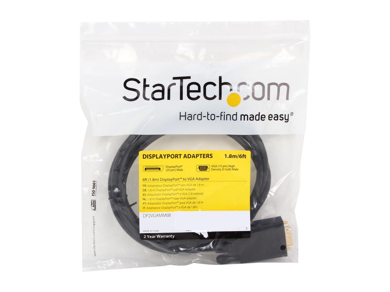 StarTech.com DP2VGAMM6B 6 ft. Black DisplayPort (20 pin) Latching to  VGA (15 pin; High Density D-Sub) Black DisplayPort to VGA Adapter Converter Cable - DP to VGA 1920 x 1200 Male to Male 3