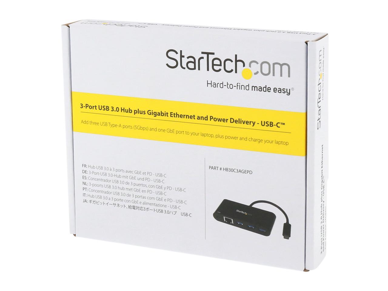 StarTech.com HB30C3AGEPD 3-Port USB-C Hub with Gigabit Ethernet and Power Delivery - USB-C to 3 x USB-A - USB 3.0 Hub 5