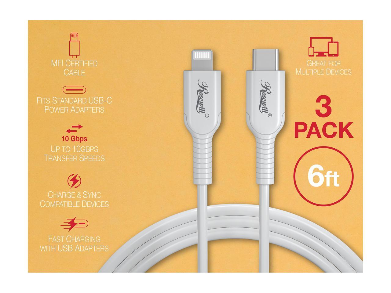 Rosewill iPhone Fast Charger Cable, USB-C to Lightning Cable, MFi Certified, for Apple iPhone, iPad Pro, AirPods, Supports Power Delivery, White, 6 Feet, 3-Pack - RCCC-21006 2