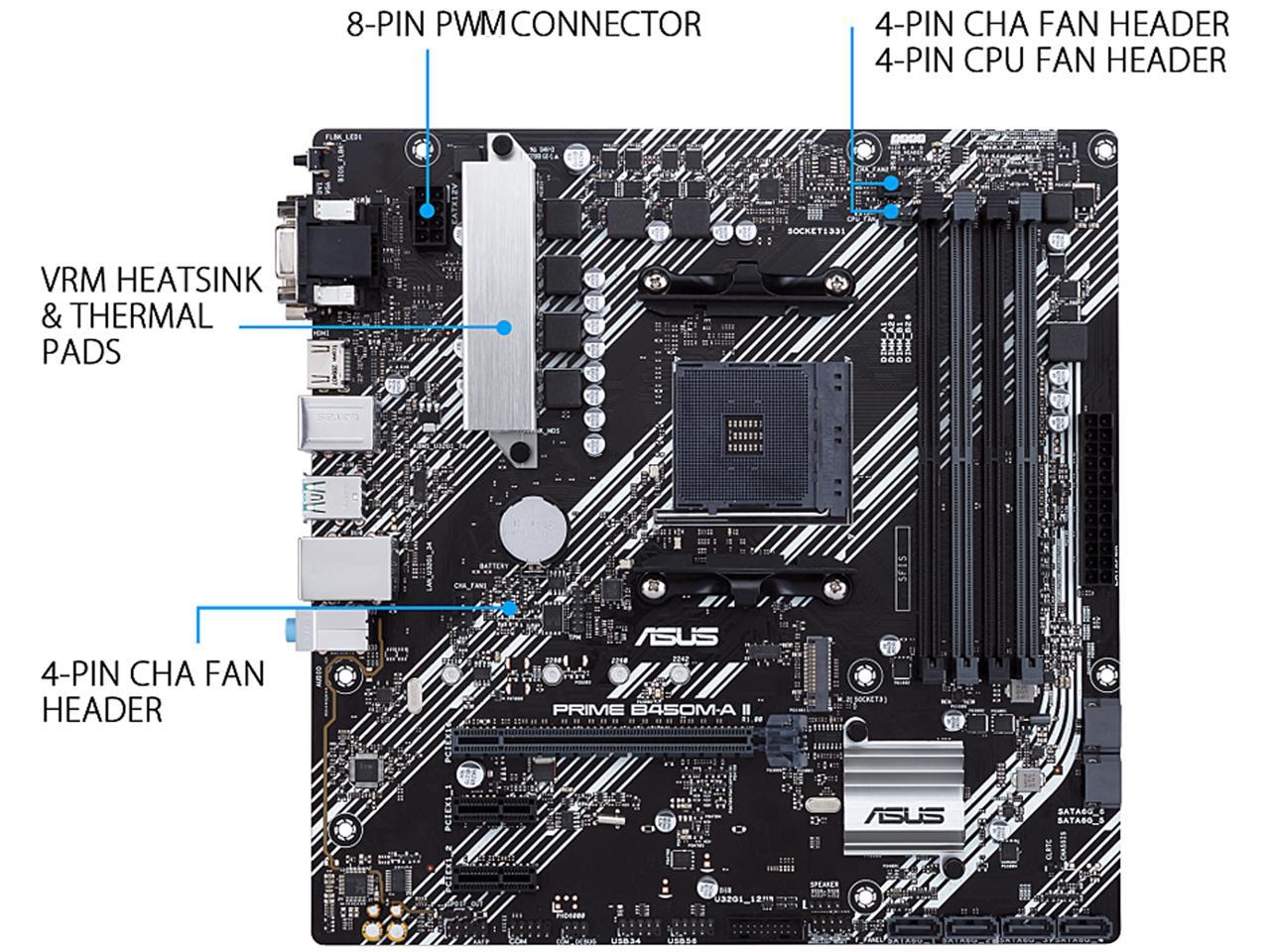 ASUS Prime B450M-A II AMD AM4 (Ryzen 5000, 3rd/2nd/1st Gen Ryzen Micro ATX Motherboard (128GB DDR4, 4400 O.C.), NVMe, HDMI 2.0b/DVI/D-Sub, USB 3.2 Gen 2, BIOS Flashback, and Aura Sync) 2