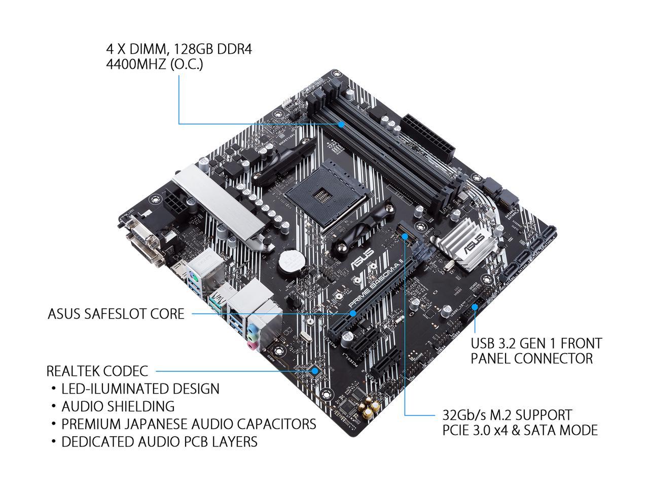 ASUS Prime B450M-A II AMD AM4 (Ryzen 5000, 3rd/2nd/1st Gen Ryzen Micro ATX Motherboard (128GB DDR4, 4400 O.C.), NVMe, HDMI 2.0b/DVI/D-Sub, USB 3.2 Gen 2, BIOS Flashback, and Aura Sync) 3