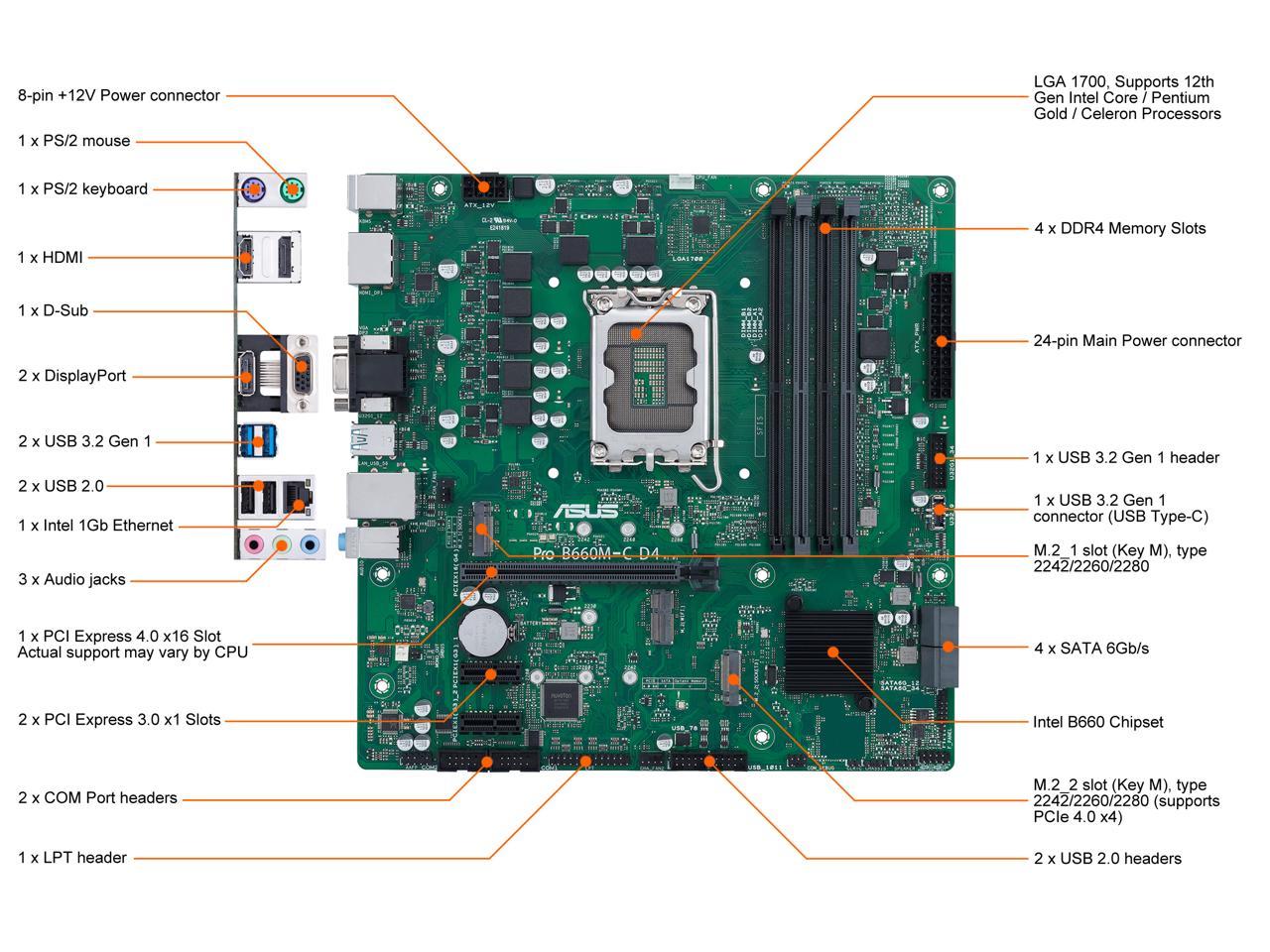 ASUS Pro B660M-C D4-CSM LGA 1700 (Intel 12th&13th Gen) Micro-ATX Commercial Motherboard (PCIe 4.0, DDR4, 2xM.2 slots, M.2 slot only (Key E), front USB 3.2 Gen 1 Type-C, TPM 2.0 IC onboard, Q-LED Core, Mono-out header(with Amp IC)) 2