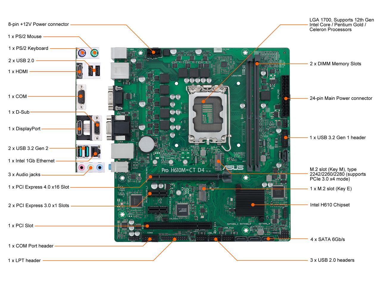 ASUS Pro H610M-CT D4-CSM LGA 1700 (Intel 12th & 13th Gen & Intel vPro) TCO-optimized Commercial Motherboard (PCIe 4.0, DDR4 3200, DP, HDMI, D-Sub, USB 3.2 Gen 2, M.2, M.2 key E slot, TPM IC onboard) 2