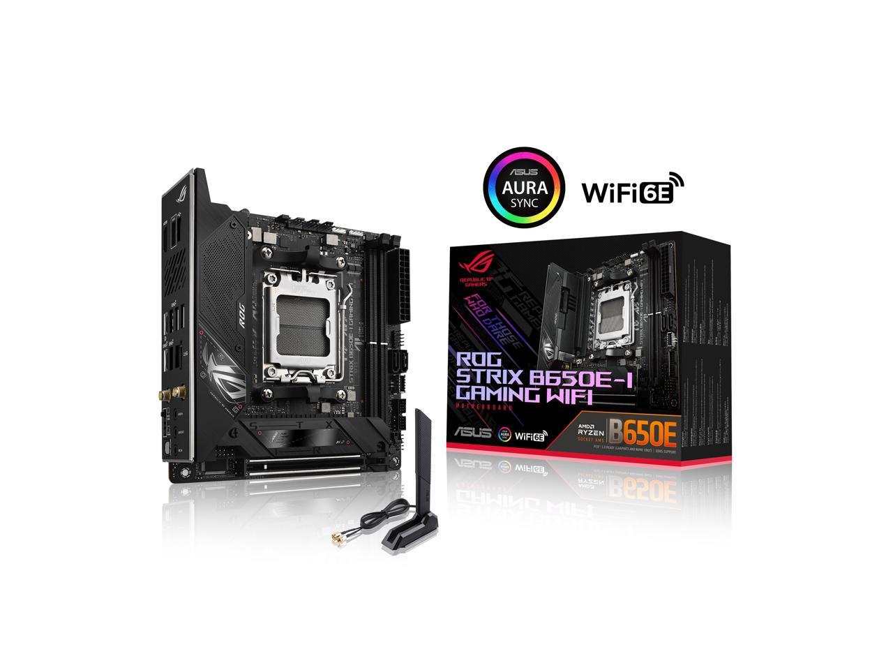 ASUS ROG STRIX B650E-I GAMING WIFI 6E Socket AM5 (LGA 1718) Ryzen 7000 Mini-ITX Gaming Motherboard (PCIe 5.0, DDR5, 10 + 2 Power Stages, two M.2 slots, USB 3.2 Gen 2x2 Type-C rear I/O port, Onboard WiFi 6E, and Aura Sync RGB Lighting) 1