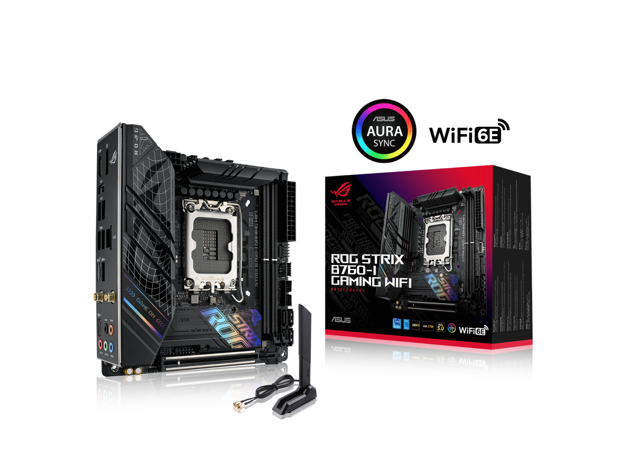 ASUS ROG Strix B760-I Gaming WiFi Intel B760(13th and 12th Gen) LGA 1700 mini-ITX motherboard, 8 + 1 power stages, DDR5 up to 7600 MT/s, PCIe 5.0, two M.2 slots, WiFi 6E, USB 3.2 Gen 2x2 Type-C, and Aura Sync RGB 1