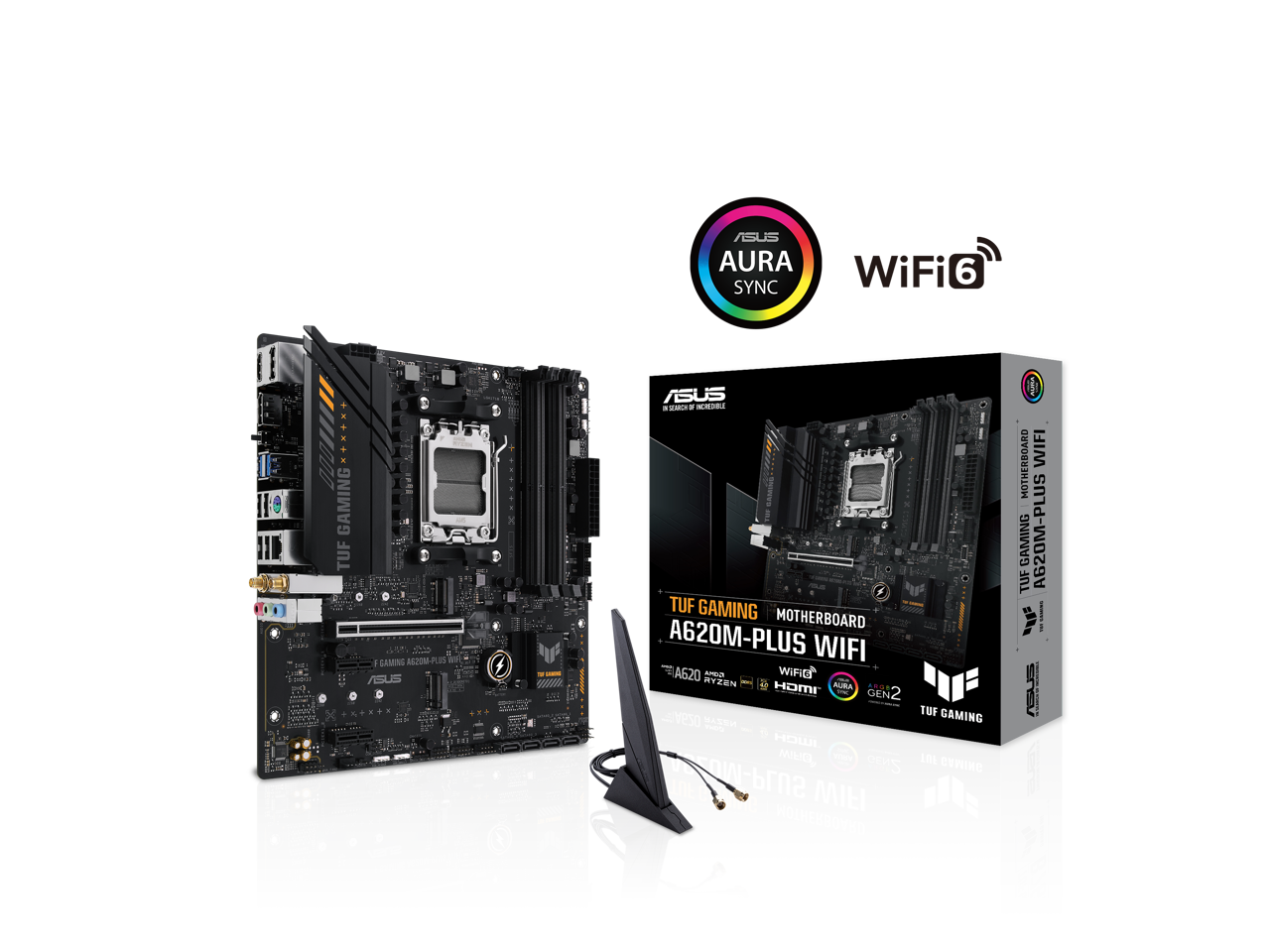 ASUS TUF GAMING A620M-PLUS WiFi AMD AM5 Ryzen7000 microATX gaming motherboard DDR5, PCIe 4.0, 2xM.2 slots,2.5Gb Ethernet,Wi-Fi 6, 2 x DisplayPort, HDMI, USB 3.2 Gen 1 ports, front USB 3.2 Gen 1 Type C 1