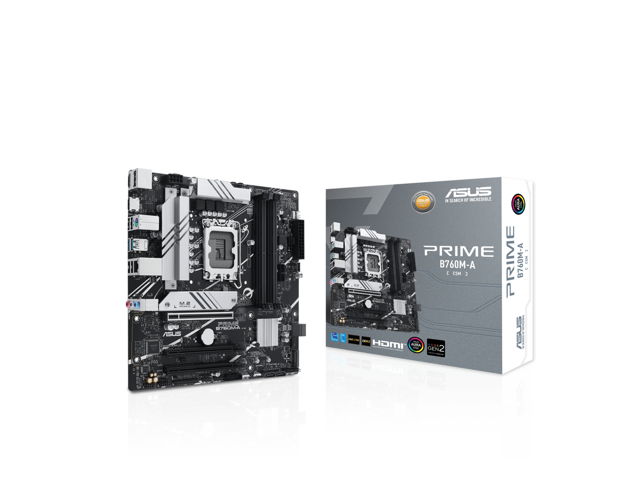 ASUS PRIME B760M-A Intel B760 (LGA 1700)(13th and 12th Gen) mATX motherboard, PCIe 4.0,DDR5, two M.2 slots, Realtek 2.5Gb Ethernet, DisplayPort, Dual HDMI®, SATA 6 Gbps, rear USB 3.2 Gen 2, front USB 3.2 Gen 1 Type-C, Aura Sync 1