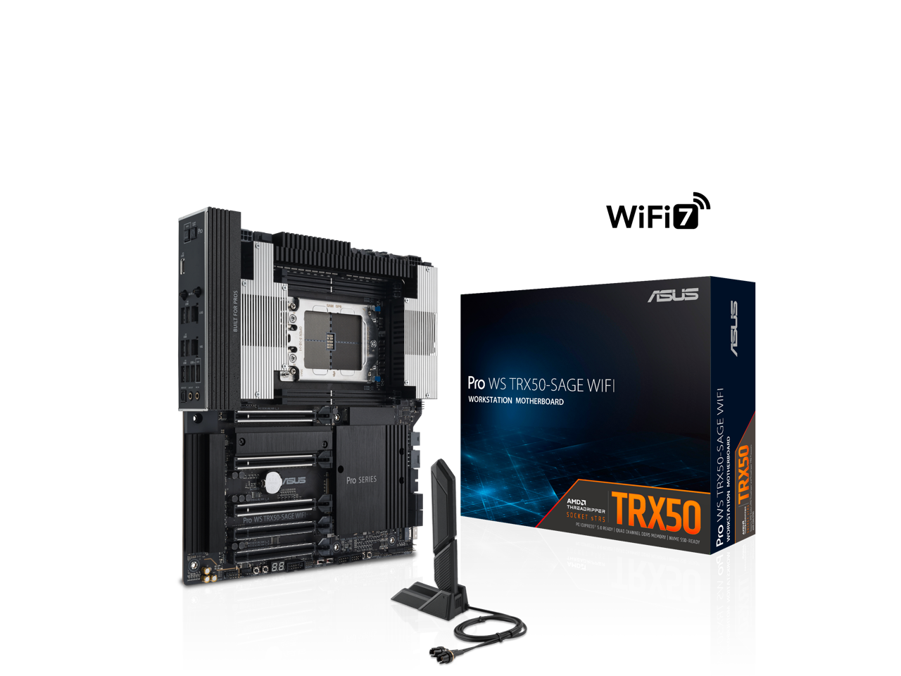 ASUS Pro WS TRX50-SAGE WIFI CEB Workstation motherboard, AMD Ryzen™ Threadripper™ PRO 7000 WX-Series Processors,ECC R-DIMM DDR5, 36 power-stage, WiFi 7,PCIe 5.0 x 16, PCIe 5.0 M.2, 10 Gb and 2.5 Gb LAN, multi-GPU support. 1